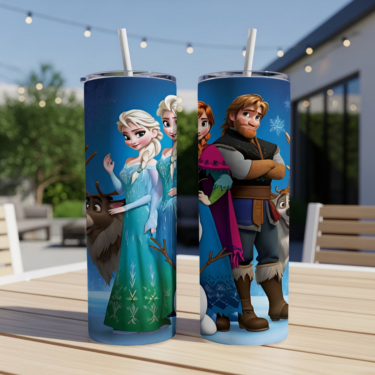 Elsa, Anna, Kristoff, and Sven from Frozen on a blue tumbler.