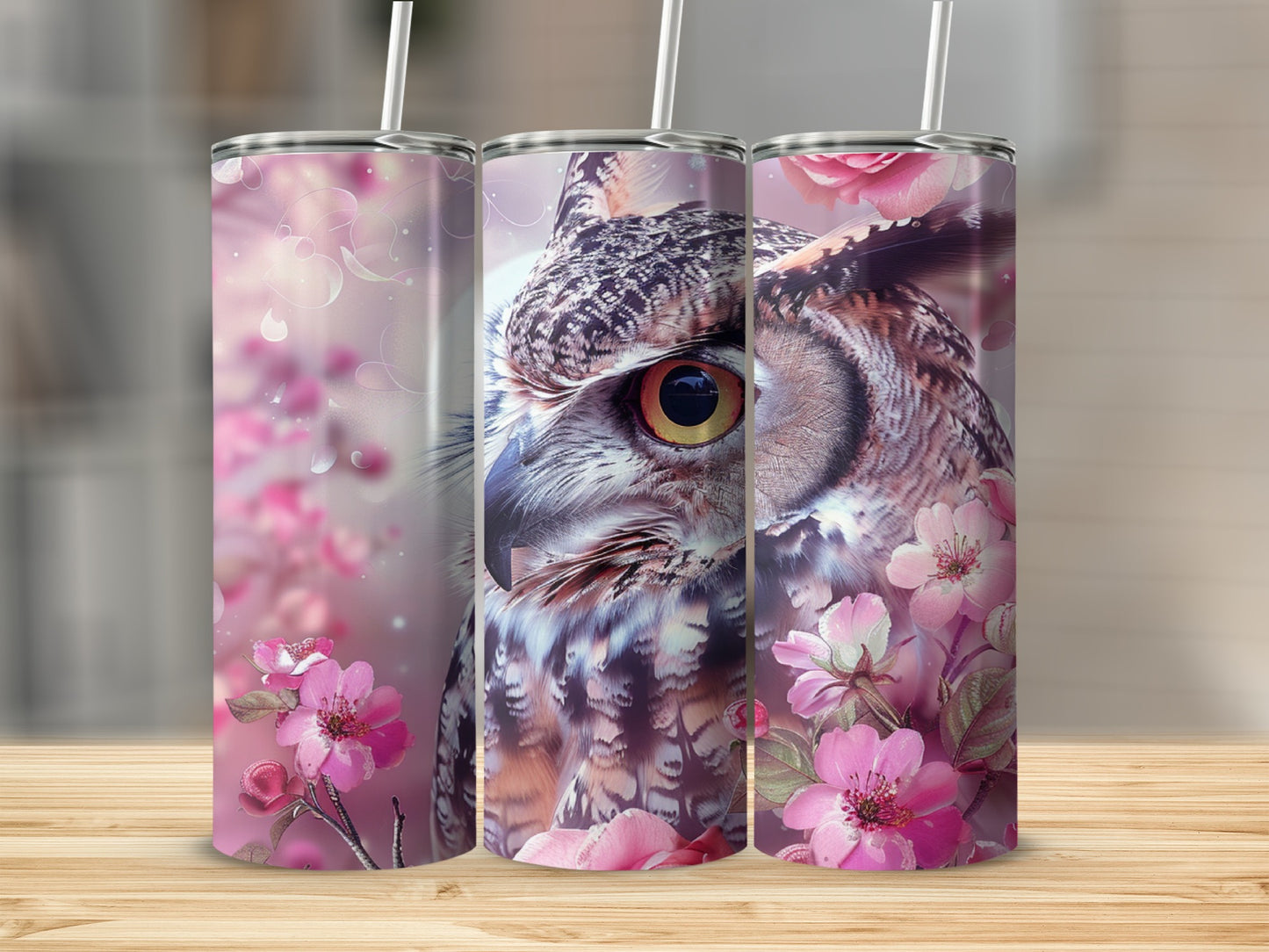 Close-up of a detailed owl face with pink cherry blossoms and bokeh effects.