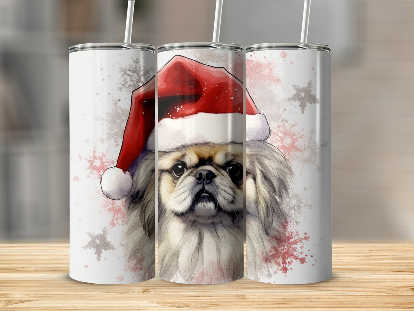 Peeking Pekingese dog wearing a Santa hat on a festive tumbler.