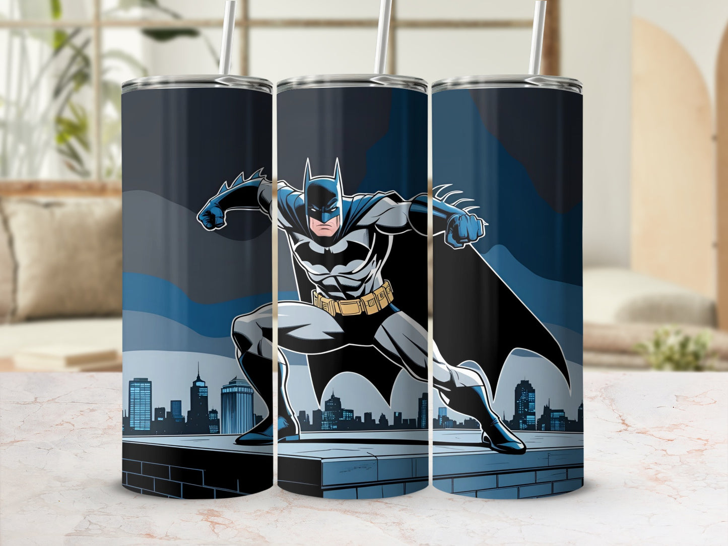 Three tumblers featuring Batman in a dynamic pose on a rooftop.