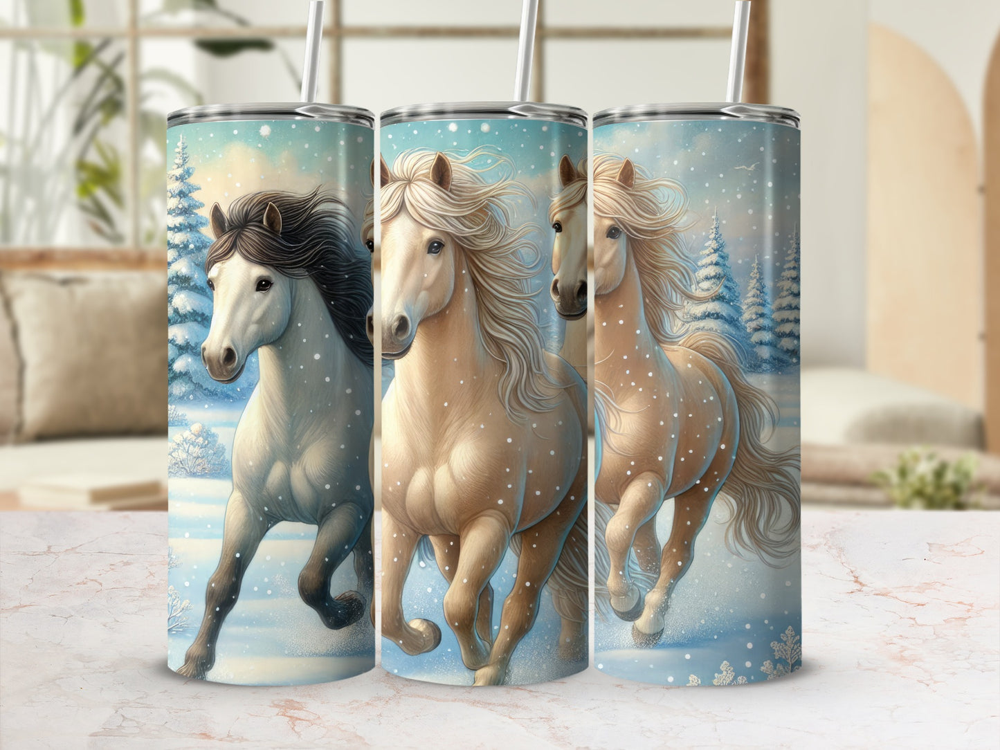 Three horses running through a snowy landscape with trees in the background.