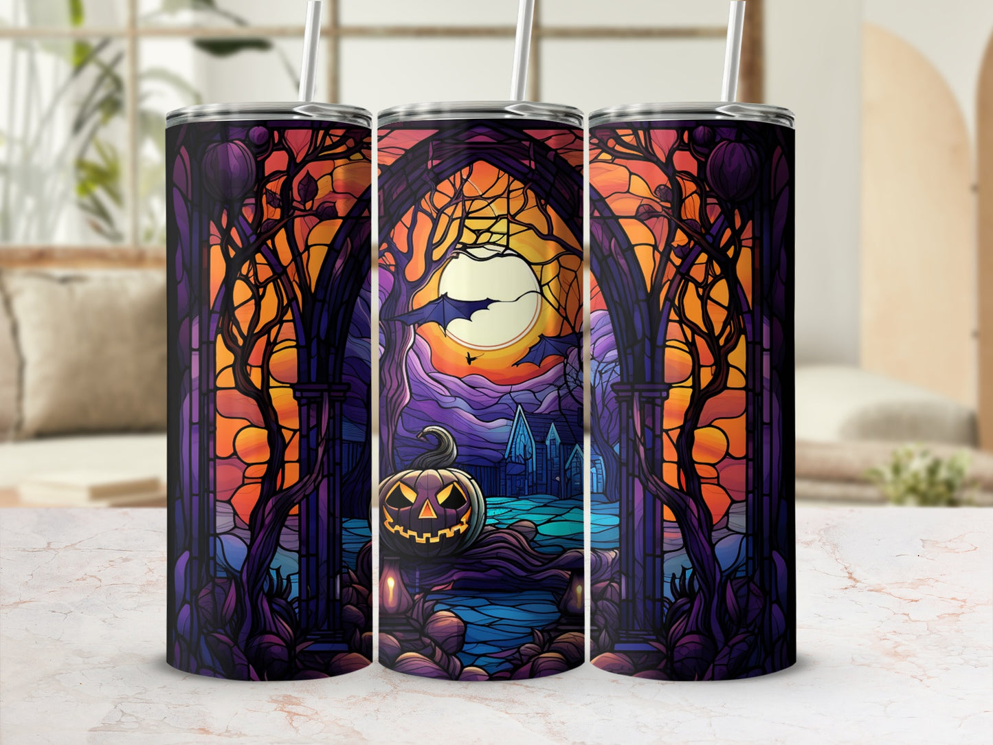Three tumblers with a Halloween stained-glass archway design.