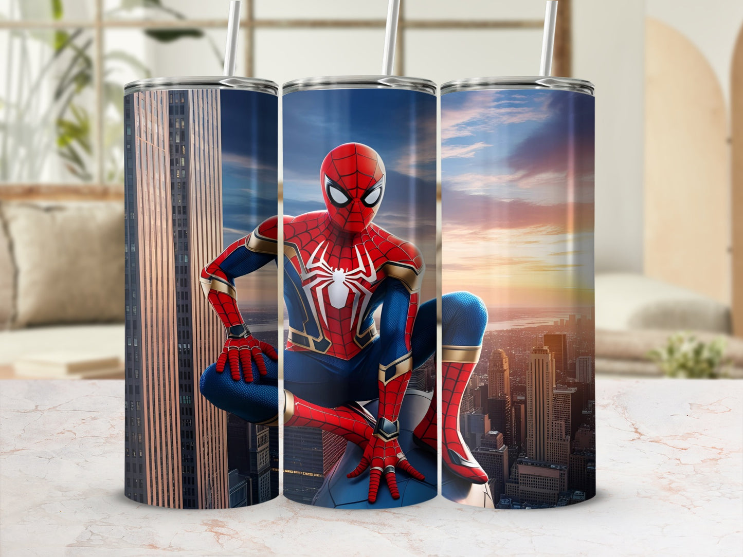 Spider-Man crouching on building with cityscape background.