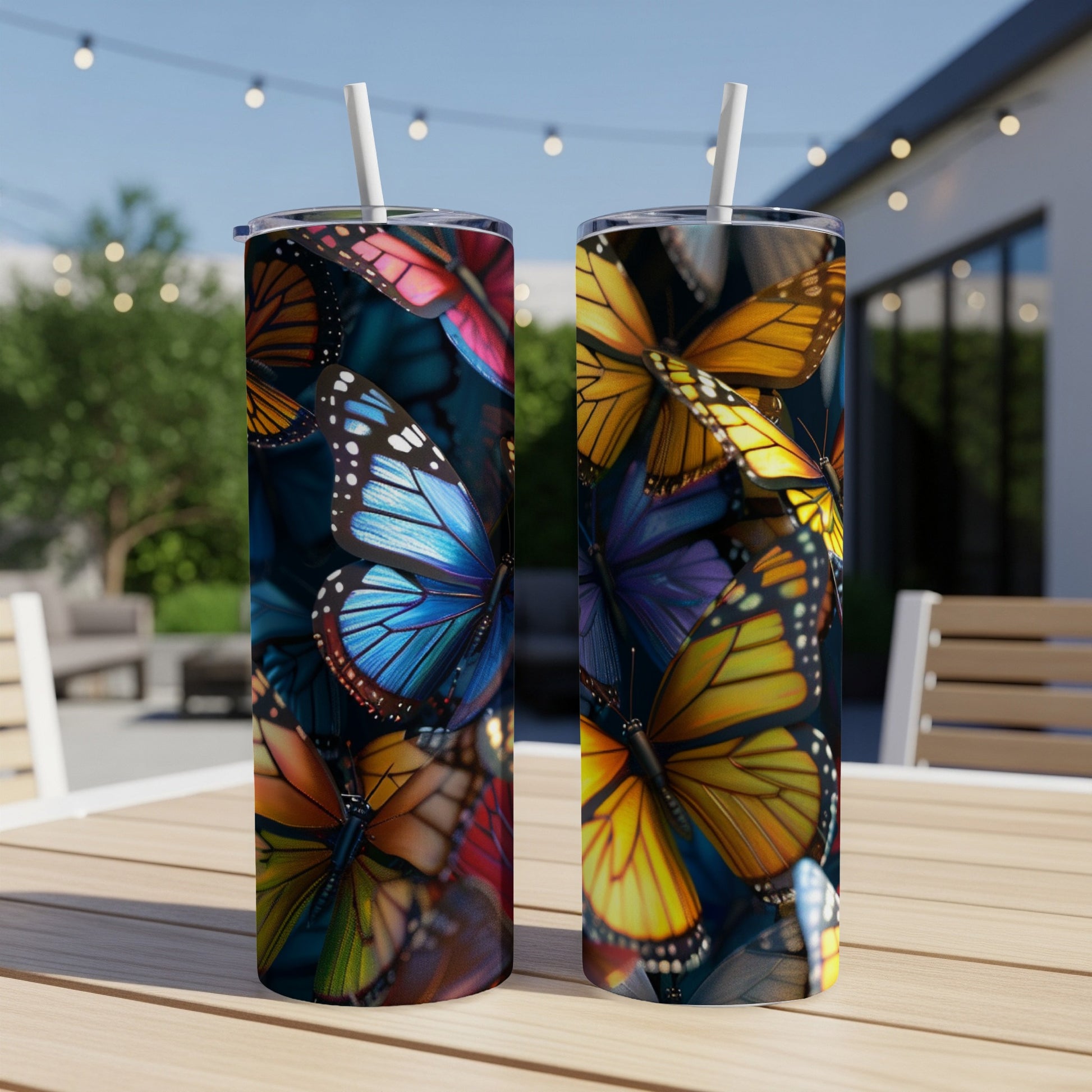 Two tumblers adorned with colorful butterfly illustrations on an outdoor table.