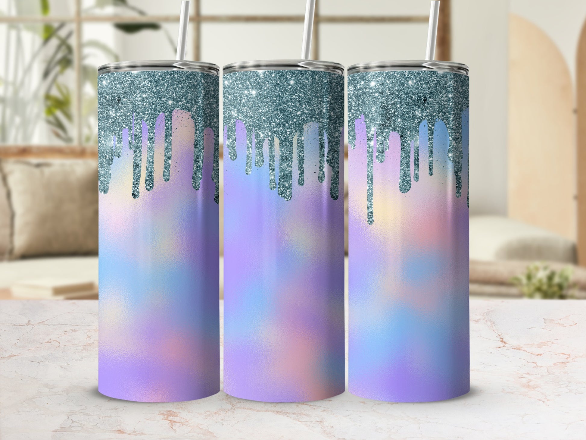 Three tumblers with teal glitter drip design on a pastel iridescent background.