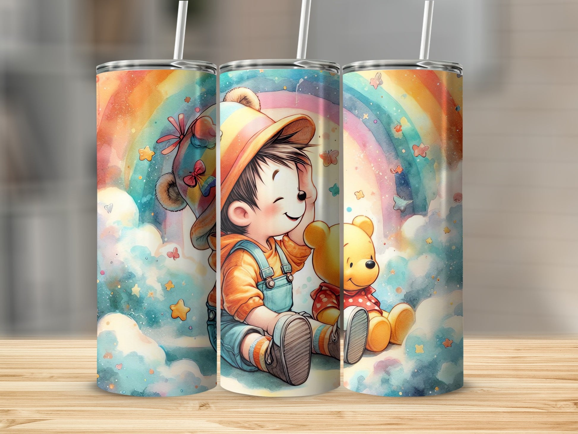 Colorful Boy and Teddy Bear Rainbow Tumbler Cup