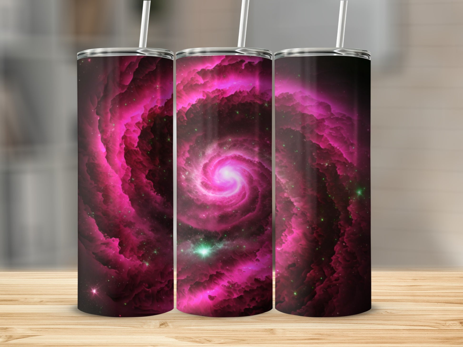 Vivid Pink Cosmic Spiral Design Tumbler Cup