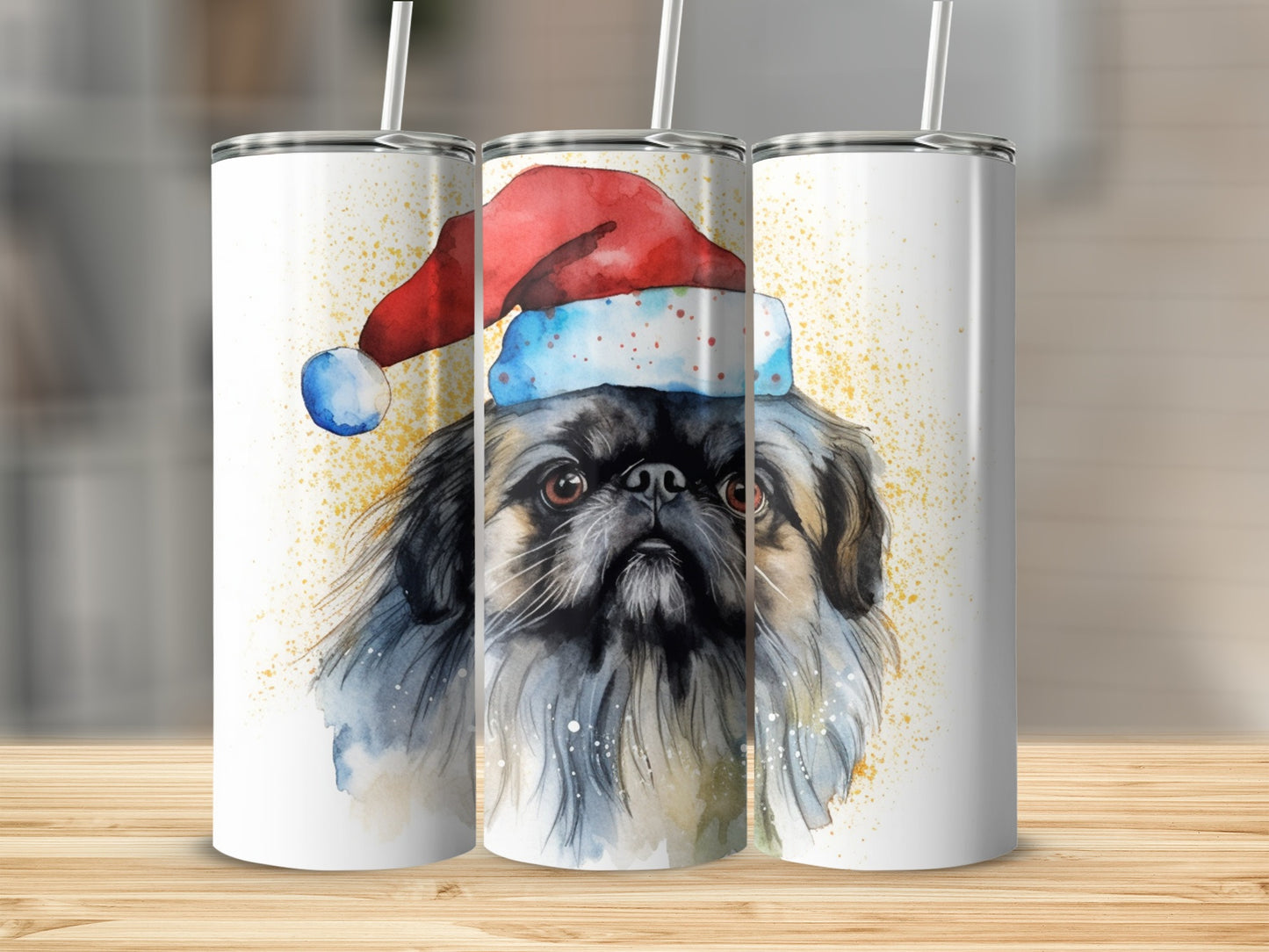 Watercolor Pekingese dog wearing a Santa hat.