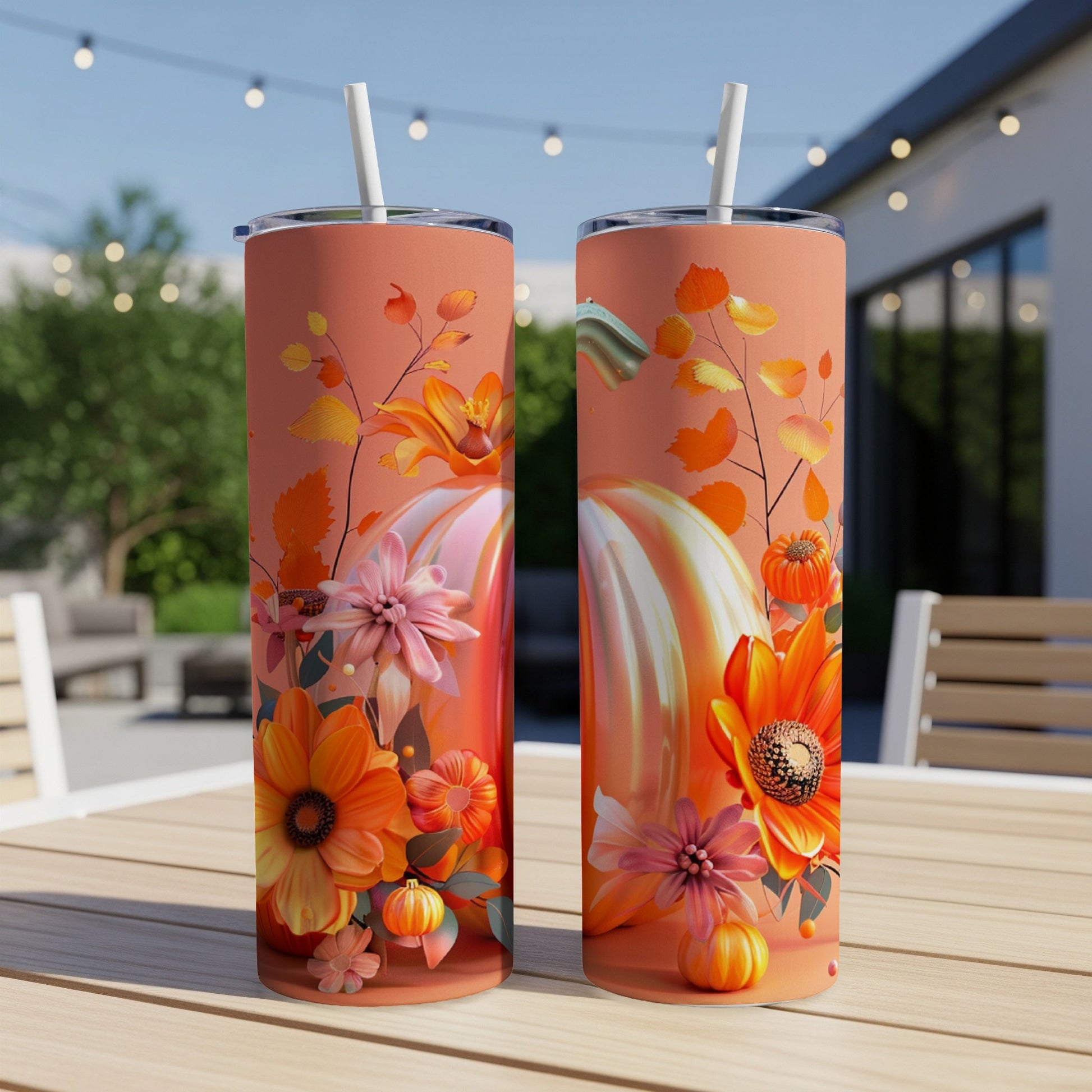 Two tall tumblers with orange floral and pumpkin fall design.