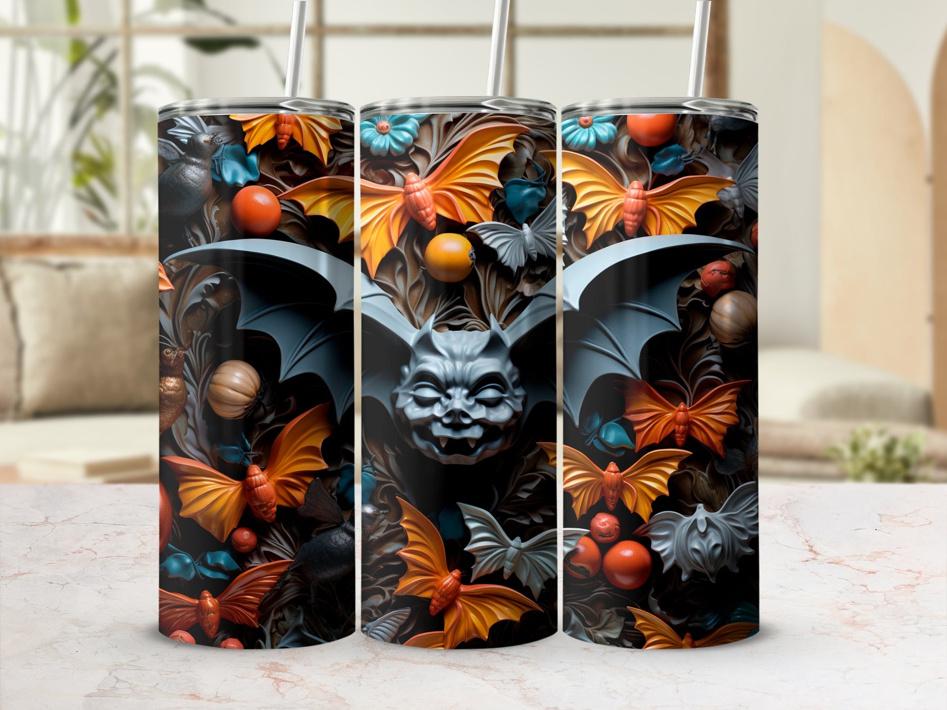 Three tumblers with a dark, gothic pattern of bats, moths, and pumpkins.