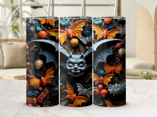 Three tumblers with a dark, gothic pattern of bats, moths, and pumpkins.