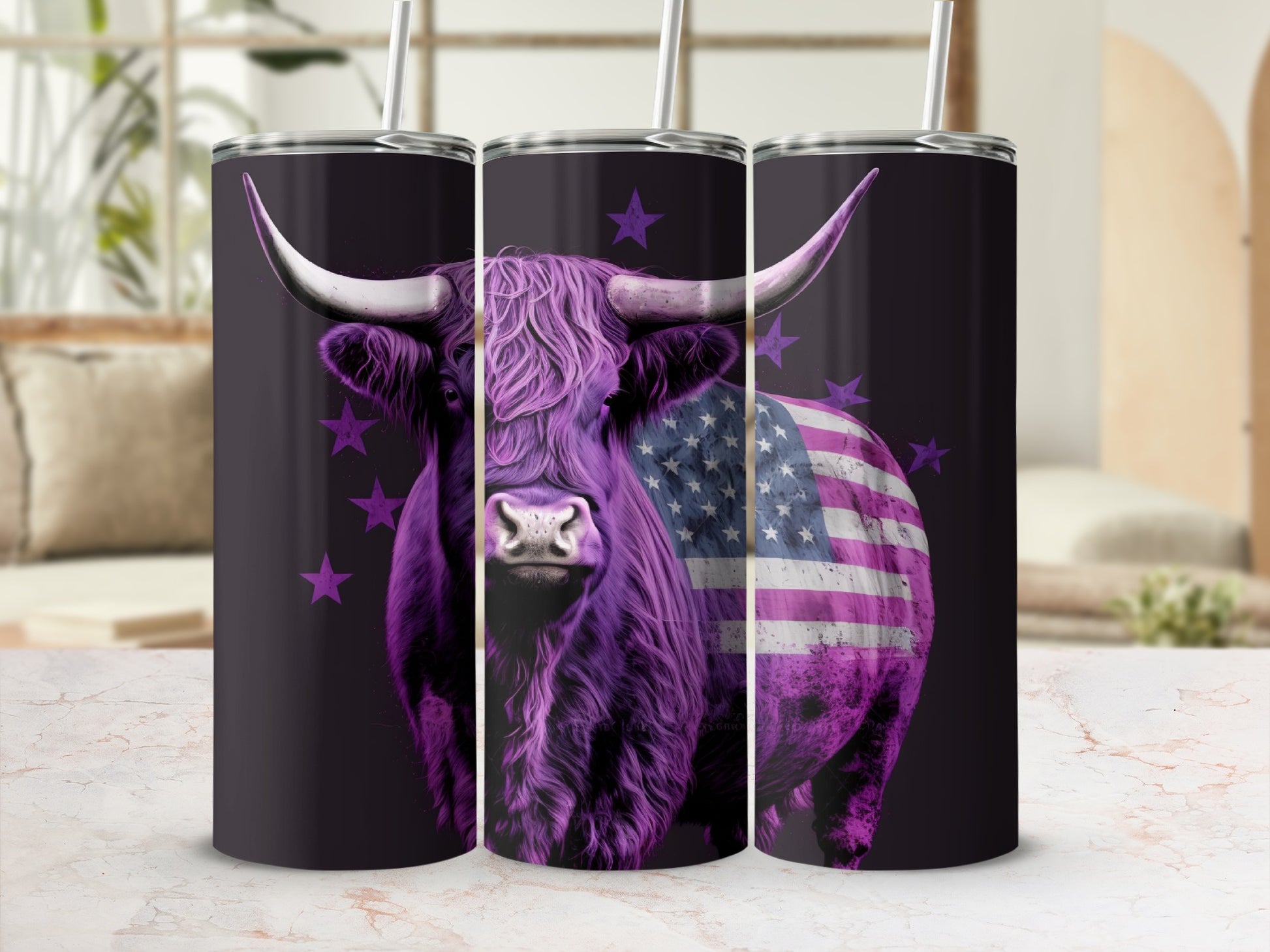 Purple highland cow with American flag pattern and stars.