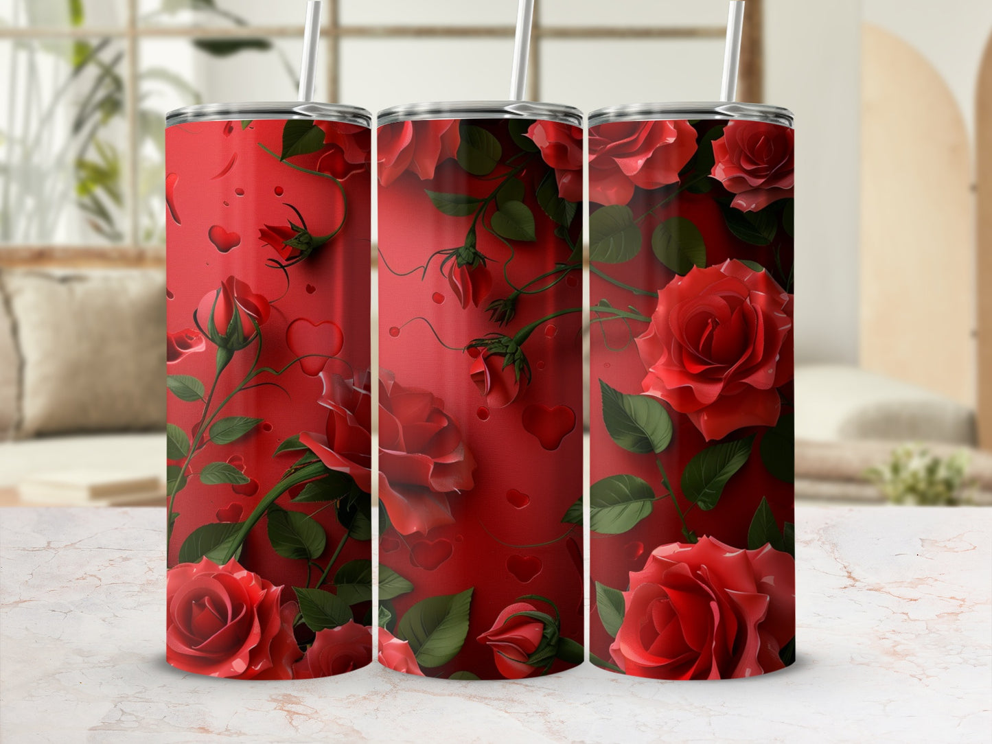 Three tumblers with a red rose and heart pattern.