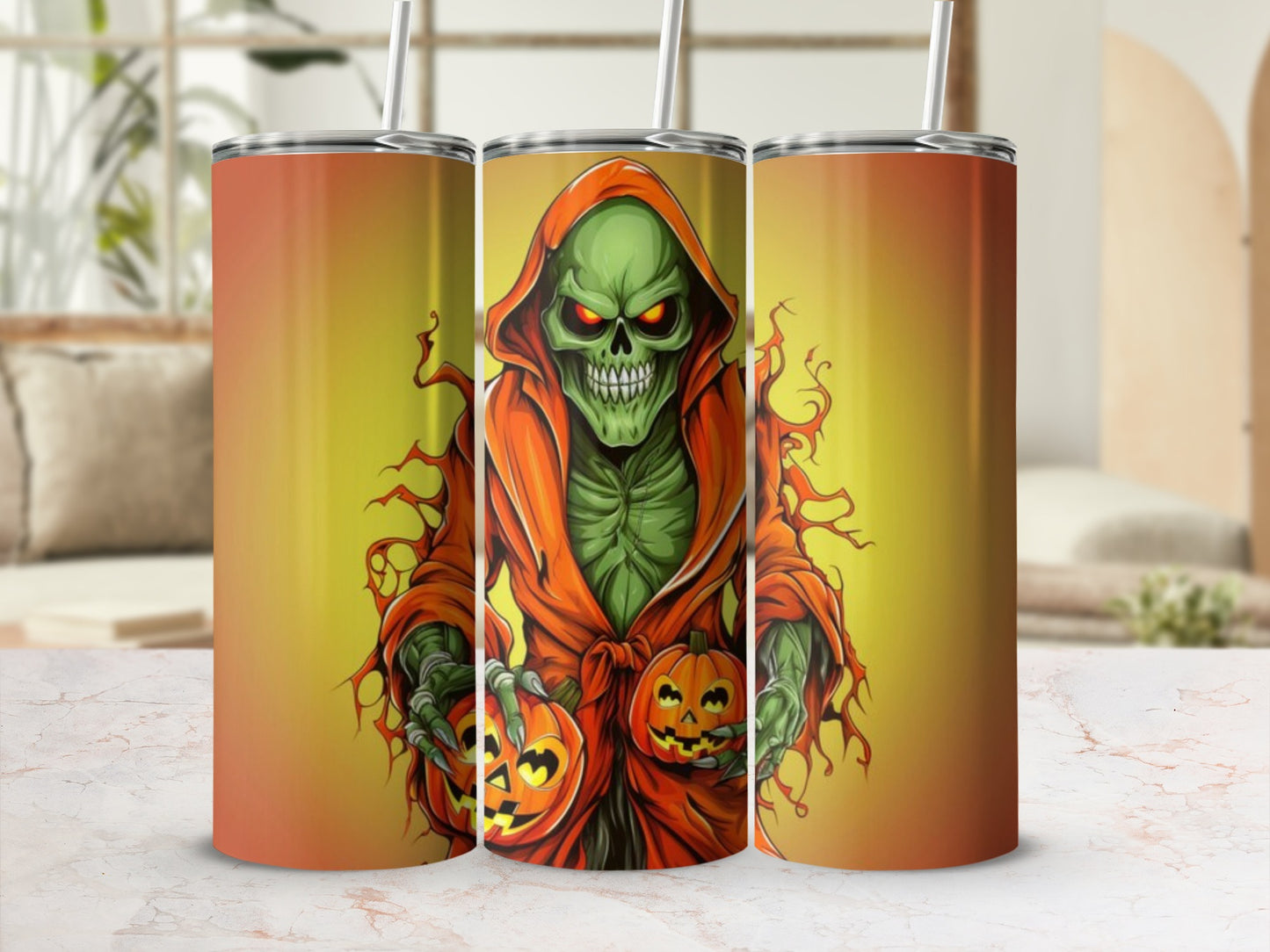Horror Skull Holding Pumpkins Design Tumbler Flask