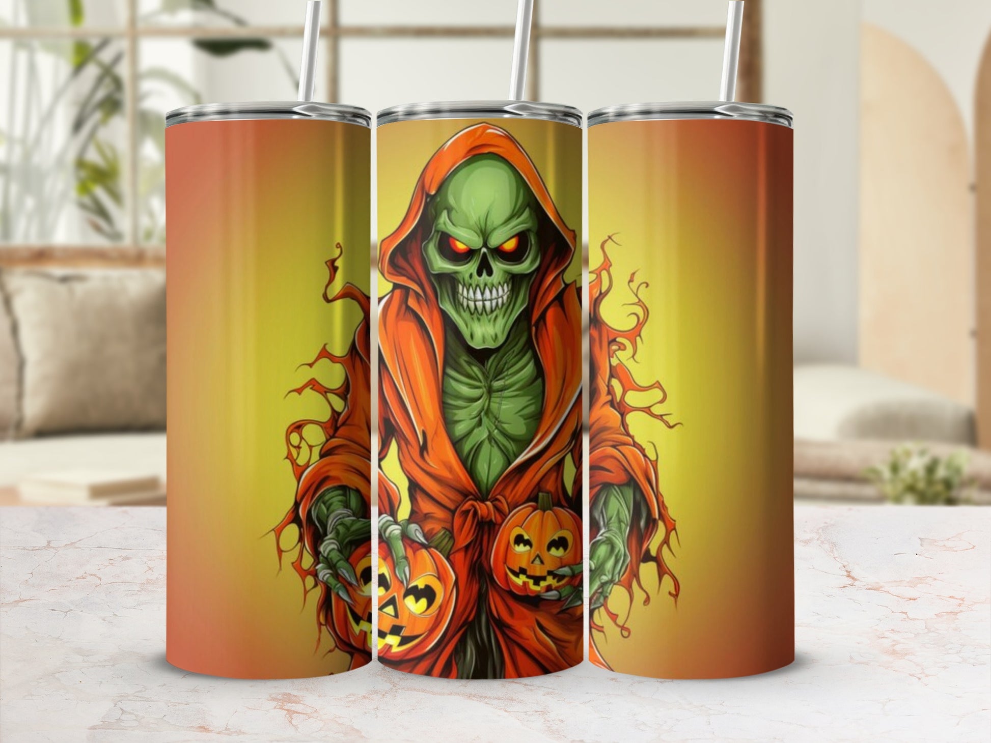 Horror Skull Holding Pumpkins Design Tumbler Flask