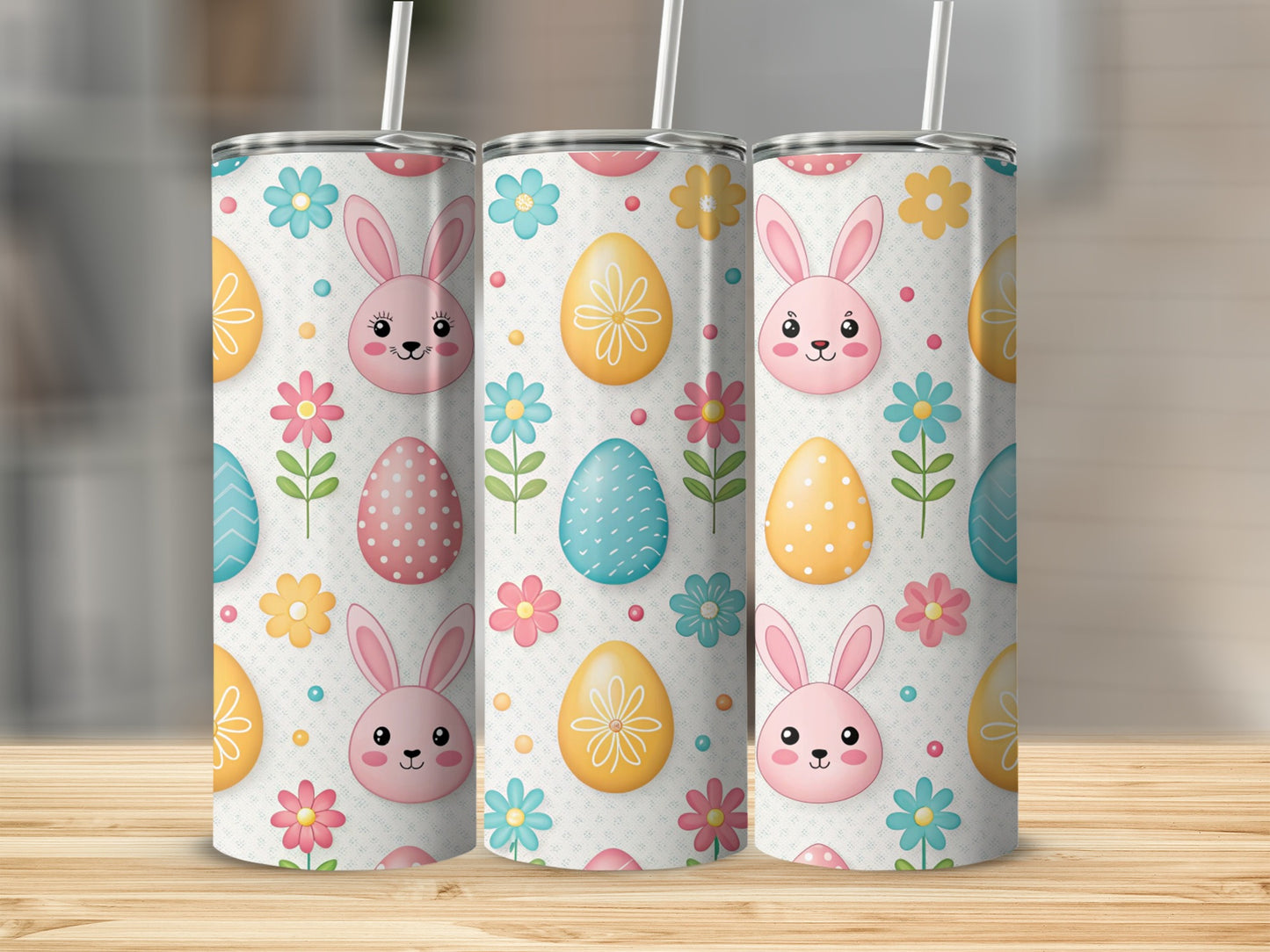 Easter tumbler with bunnies, eggs, and flowers pattern.