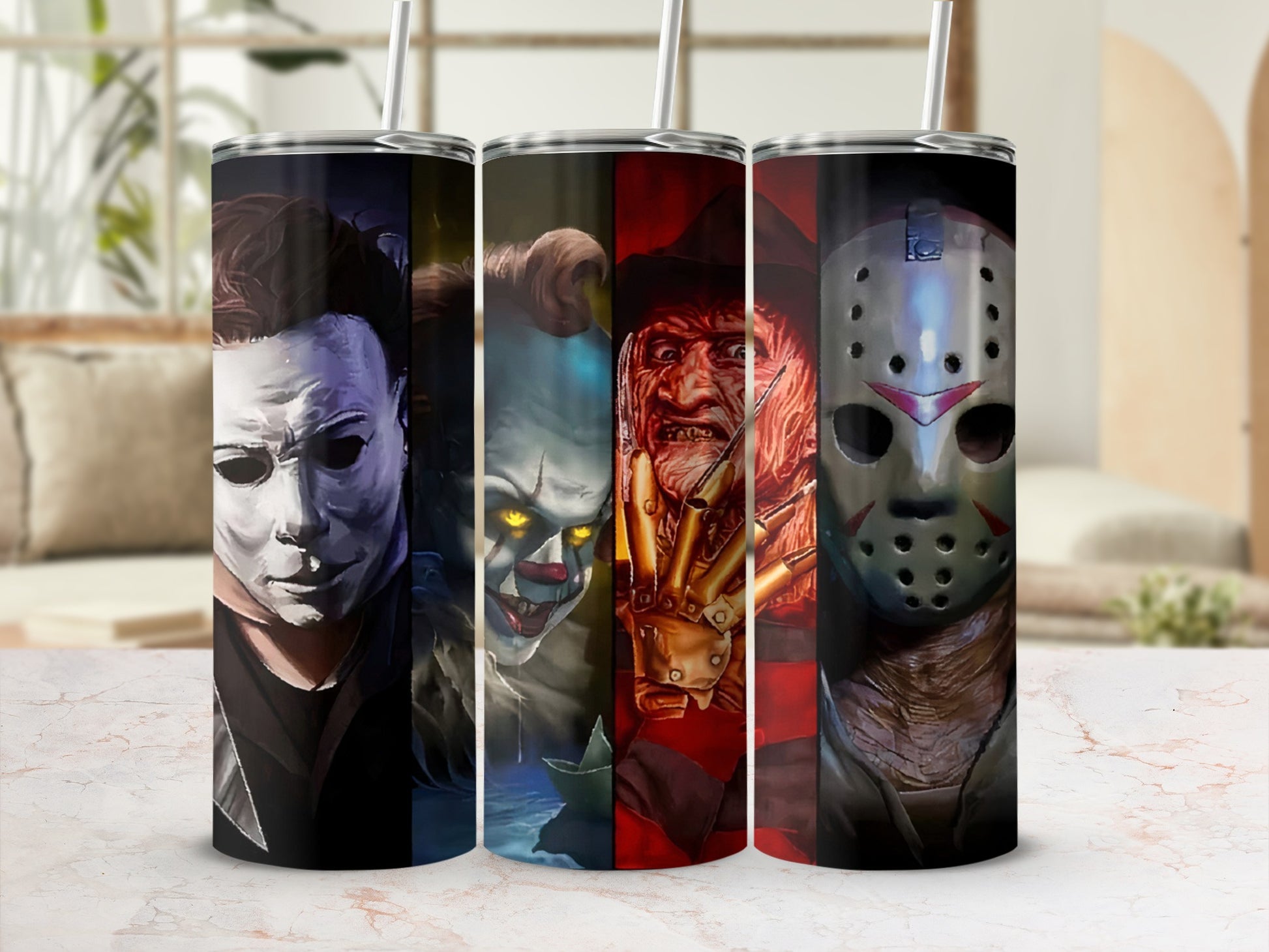 Four horror movie villains: Michael Myers, Pennywise, Freddy Krueger, and Jason Voorhees.