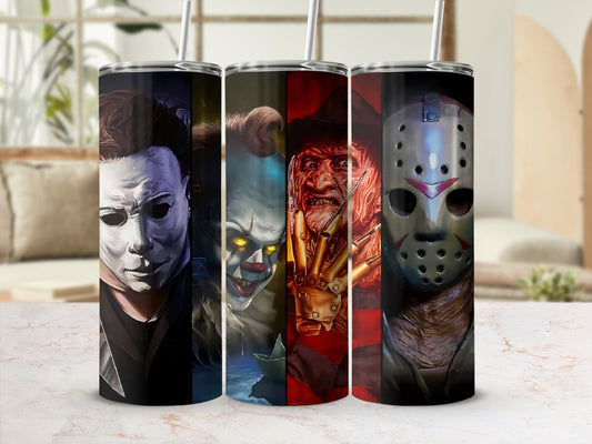 Four horror movie villains: Michael Myers, Pennywise, Freddy Krueger, and Jason Voorhees.