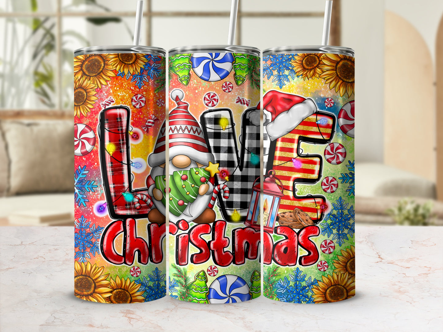 Christmas gnome with sunflower and candy cane "LOVE" design on a tumbler.