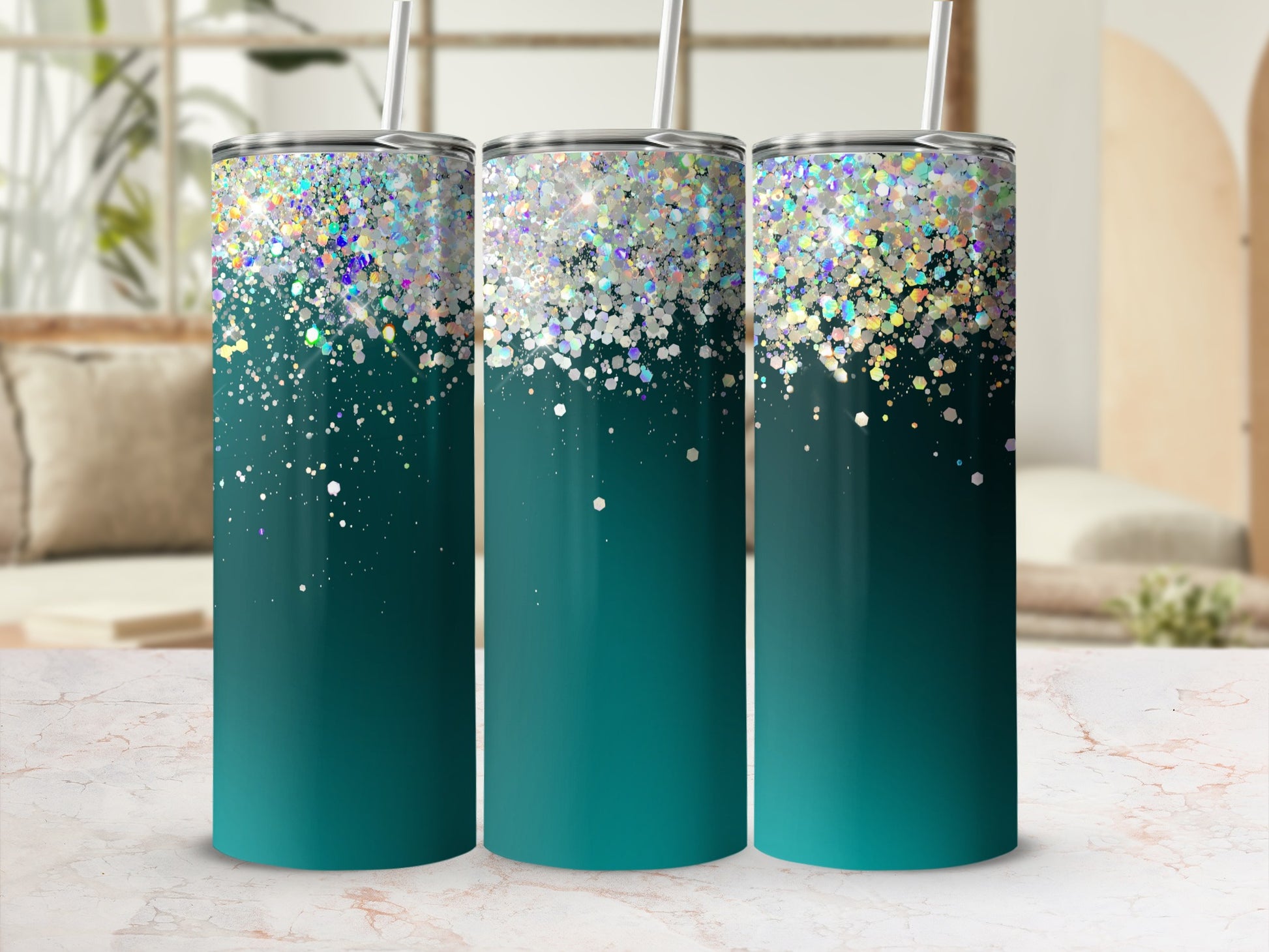 Three tumblers with gradient teal and holographic glitter design.