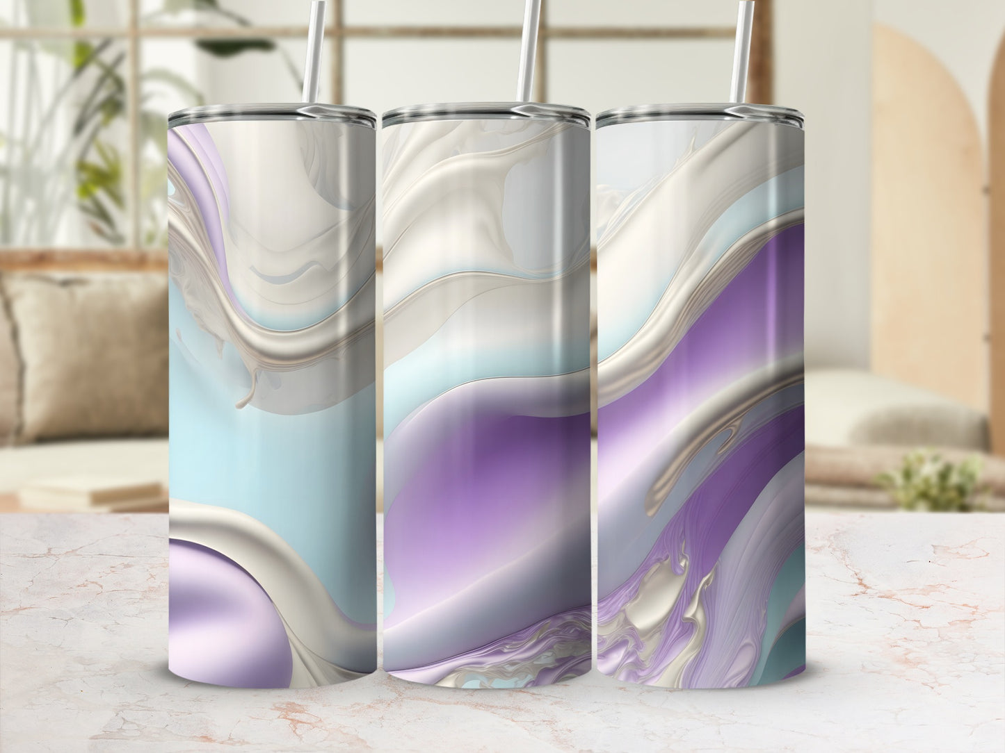 Three tumblers with marbled purple, blue, and white abstract design.