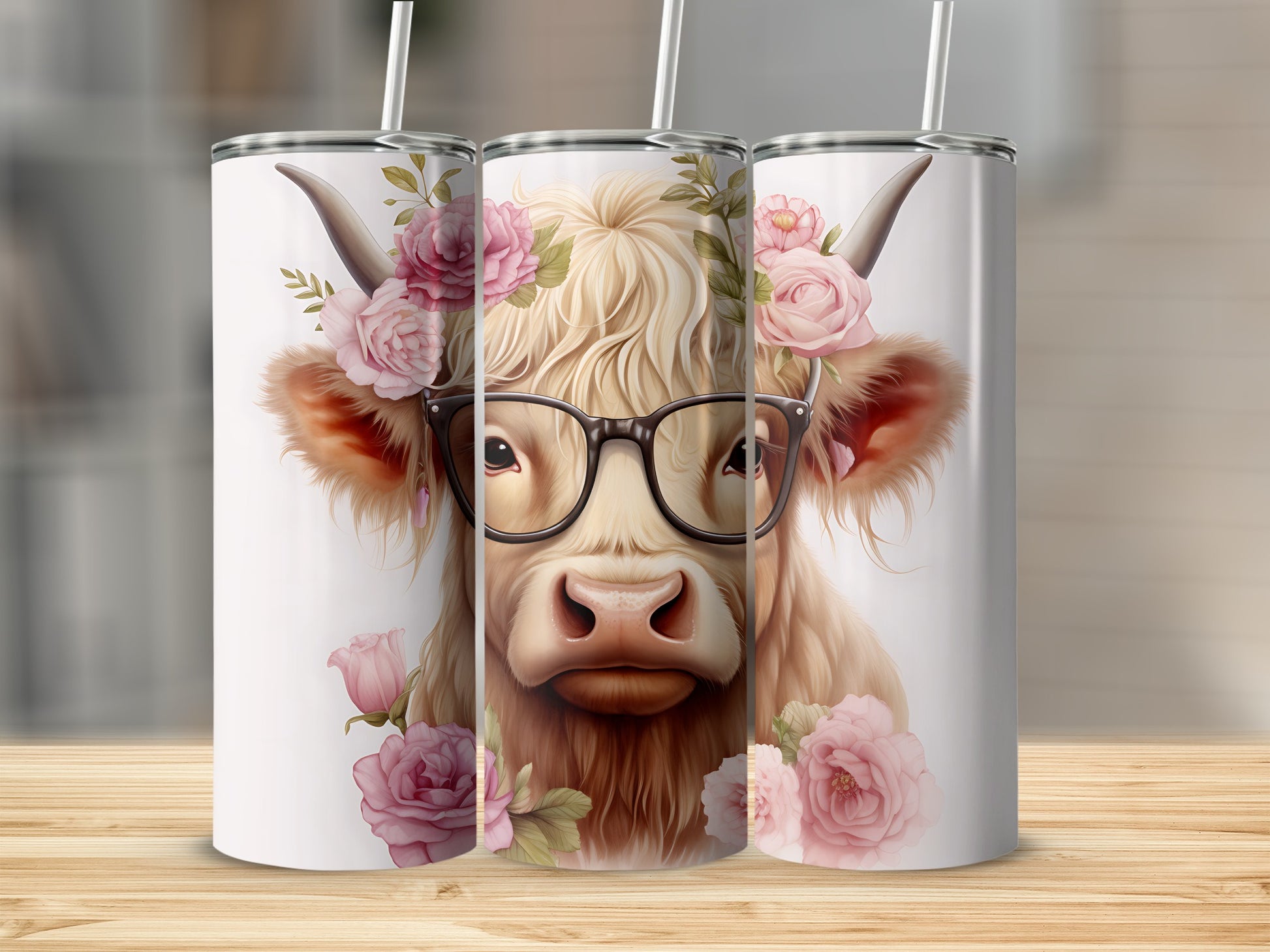 Cow with flowers and glasses on a white tumbler.