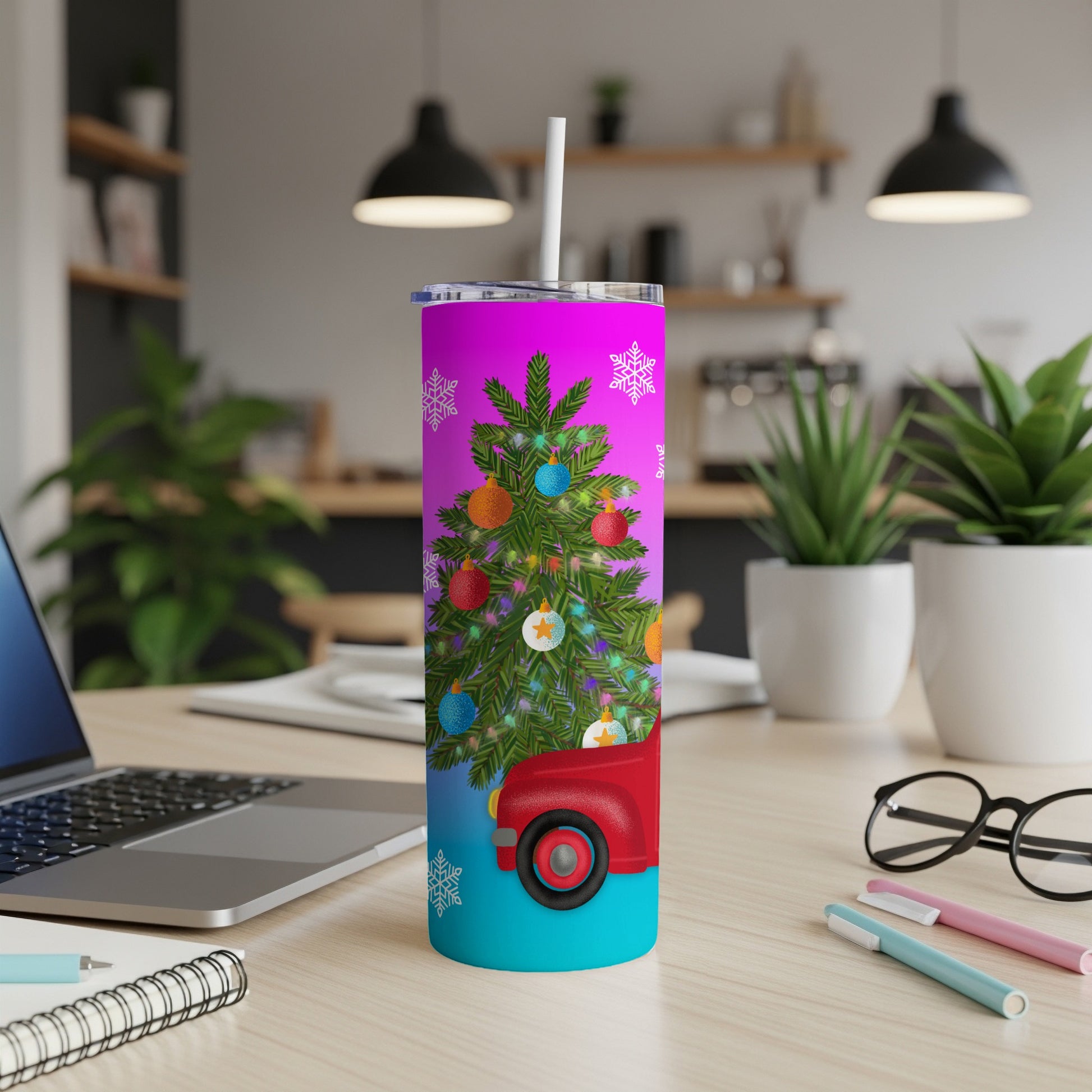 Christmas tree on a red truck with snowflakes on a gradient background.
