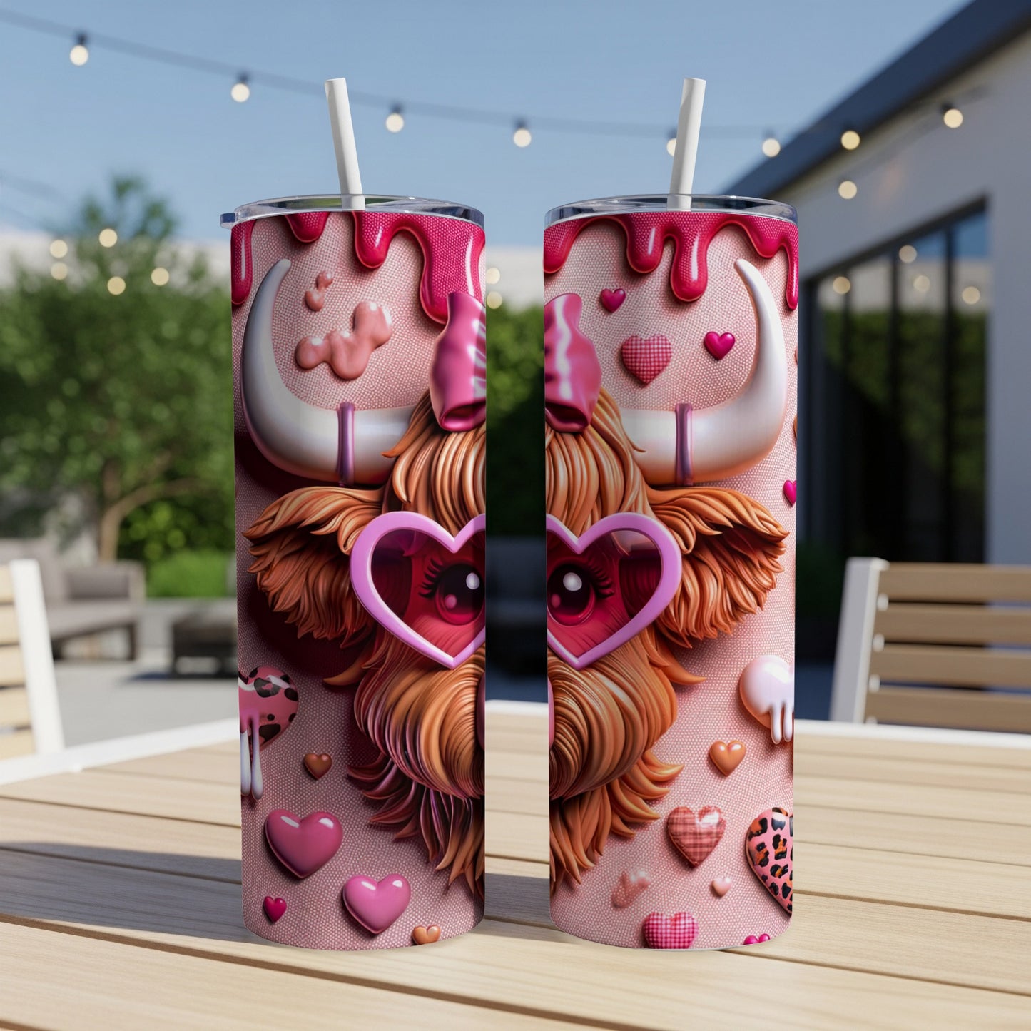 Two pink tumblers with Highland cow design and heart-shaped glasses.