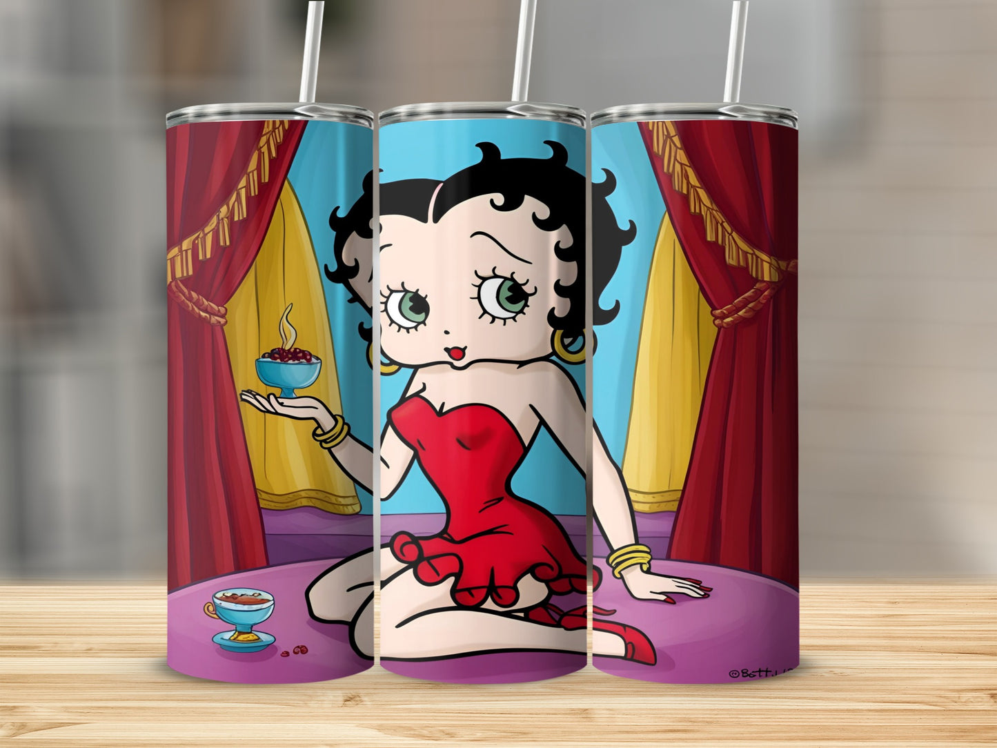 Betty Boop in red dress holding a bowl of cherries and a coffee cup.