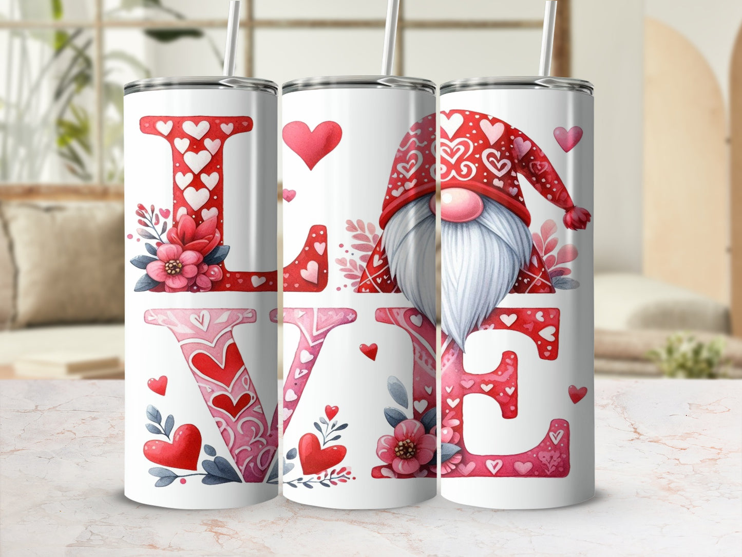 Valentine's Day gnome with "LOVE" design on a tumbler.