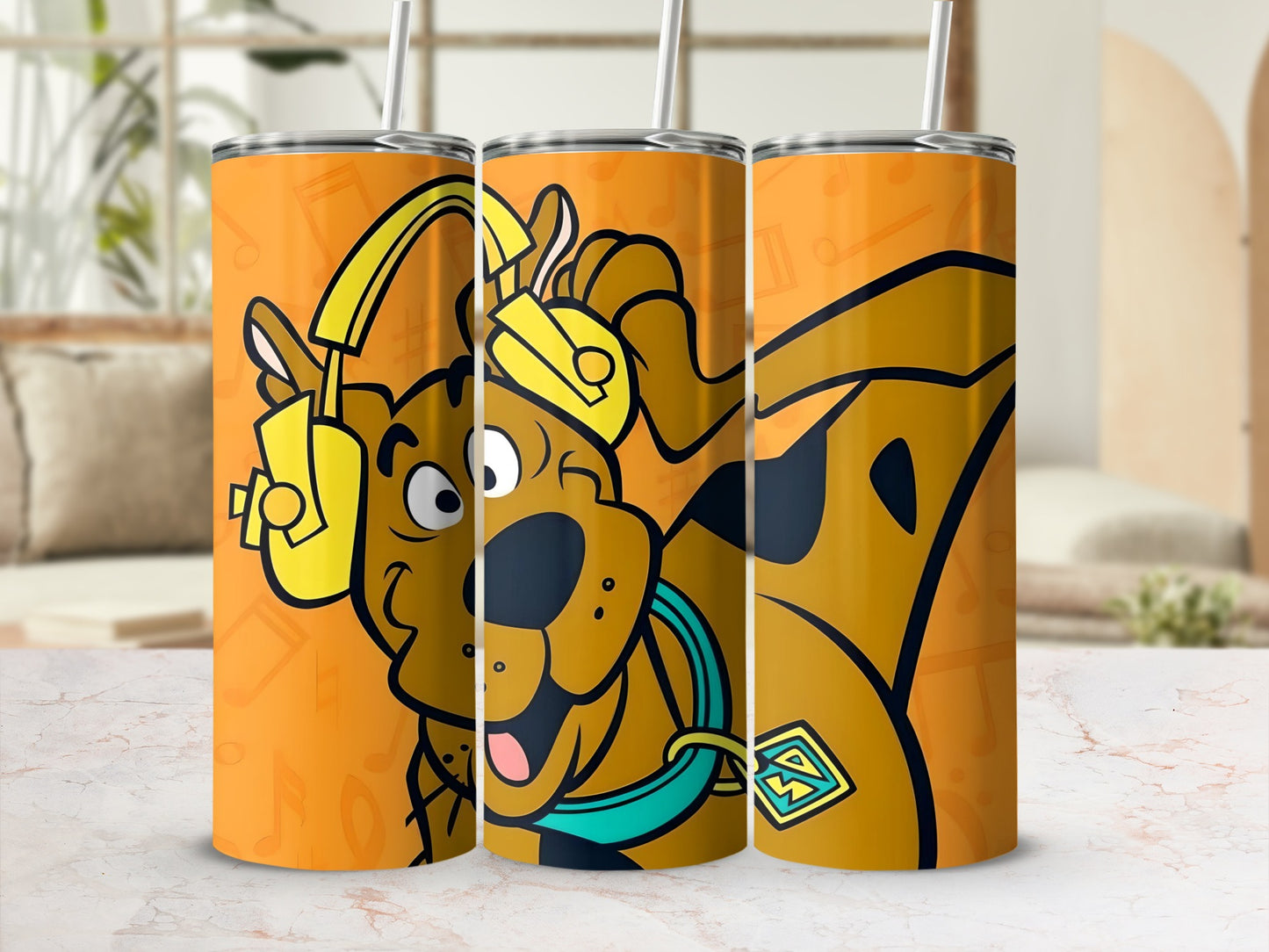 Scooby-Doo wearing headphones on orange background.