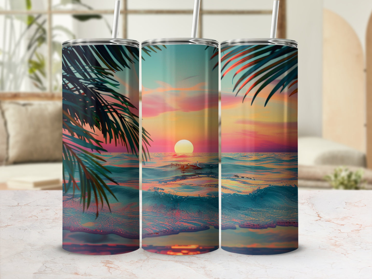 Three tumblers with a sunset ocean view and palm fronds.