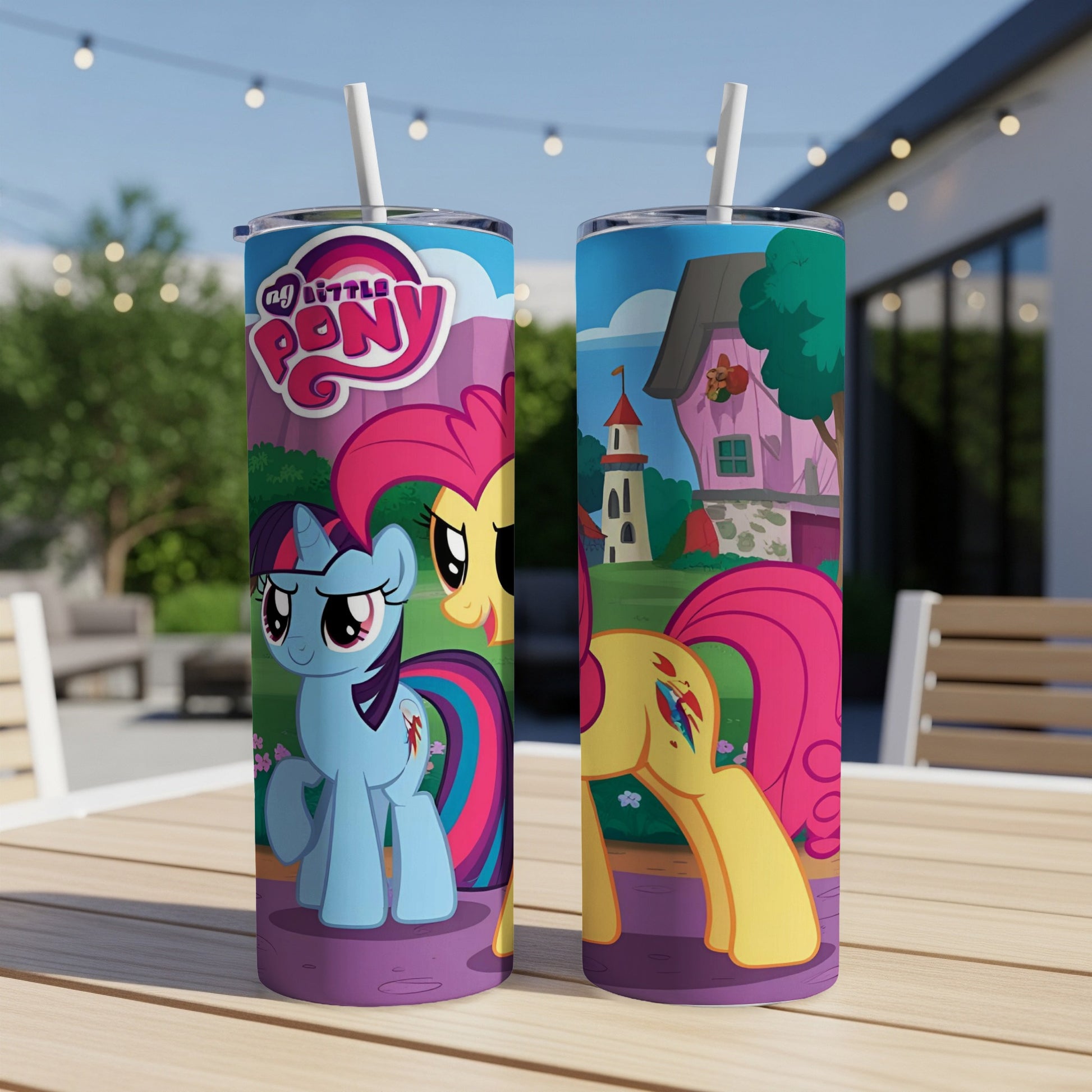 My Little Pony tumblers with characters Twilight Sparkle and Pinkie Pie.
