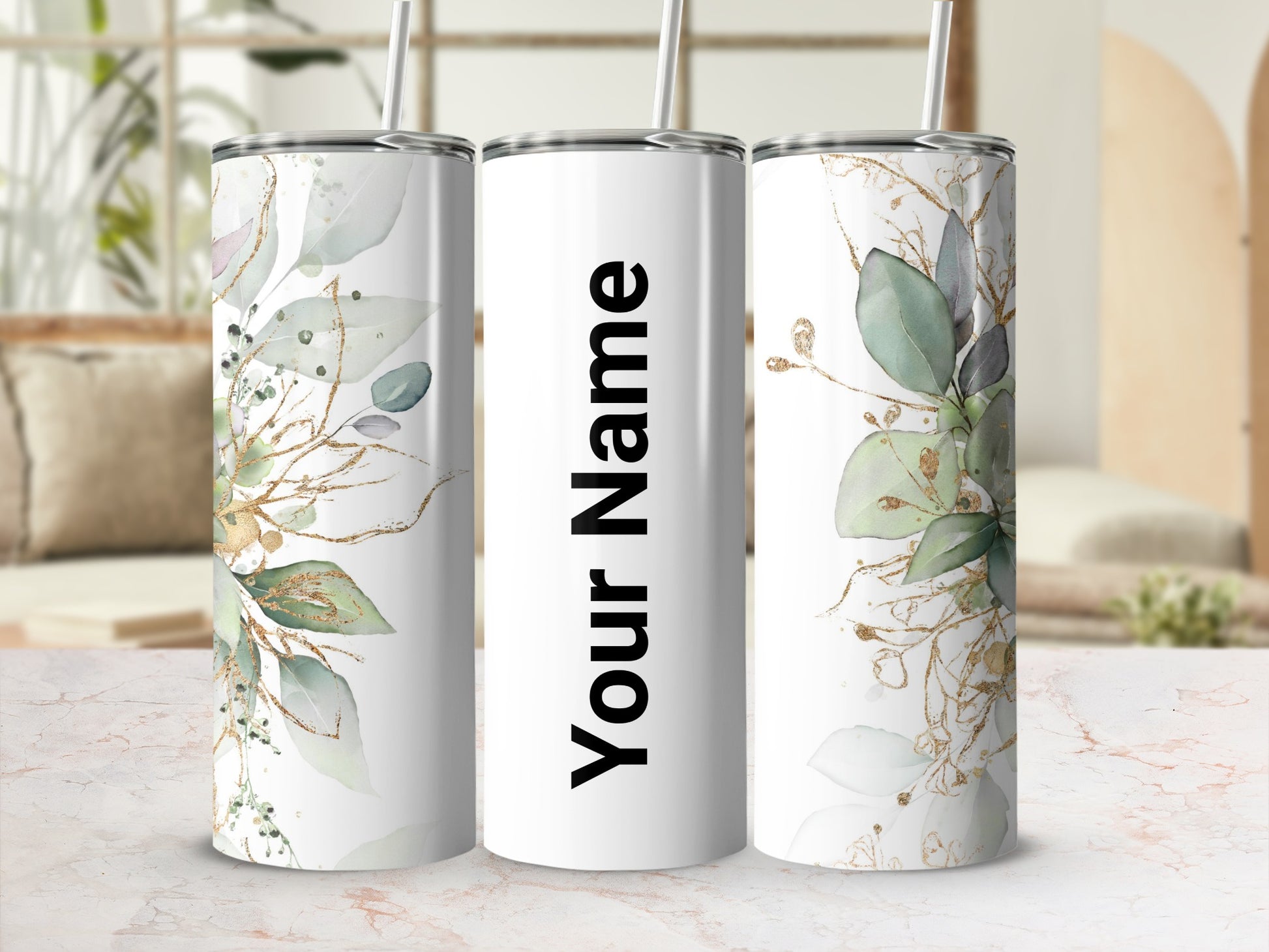 Personalized Floral Leaf Design Tumbler with Your Name