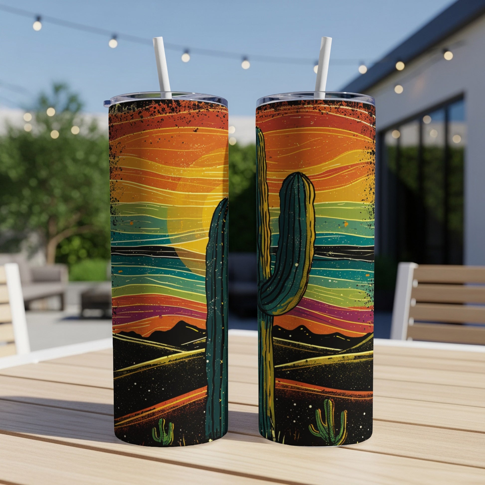 Two tumblers with a desert sunset graphic on a wooden table outdoors.