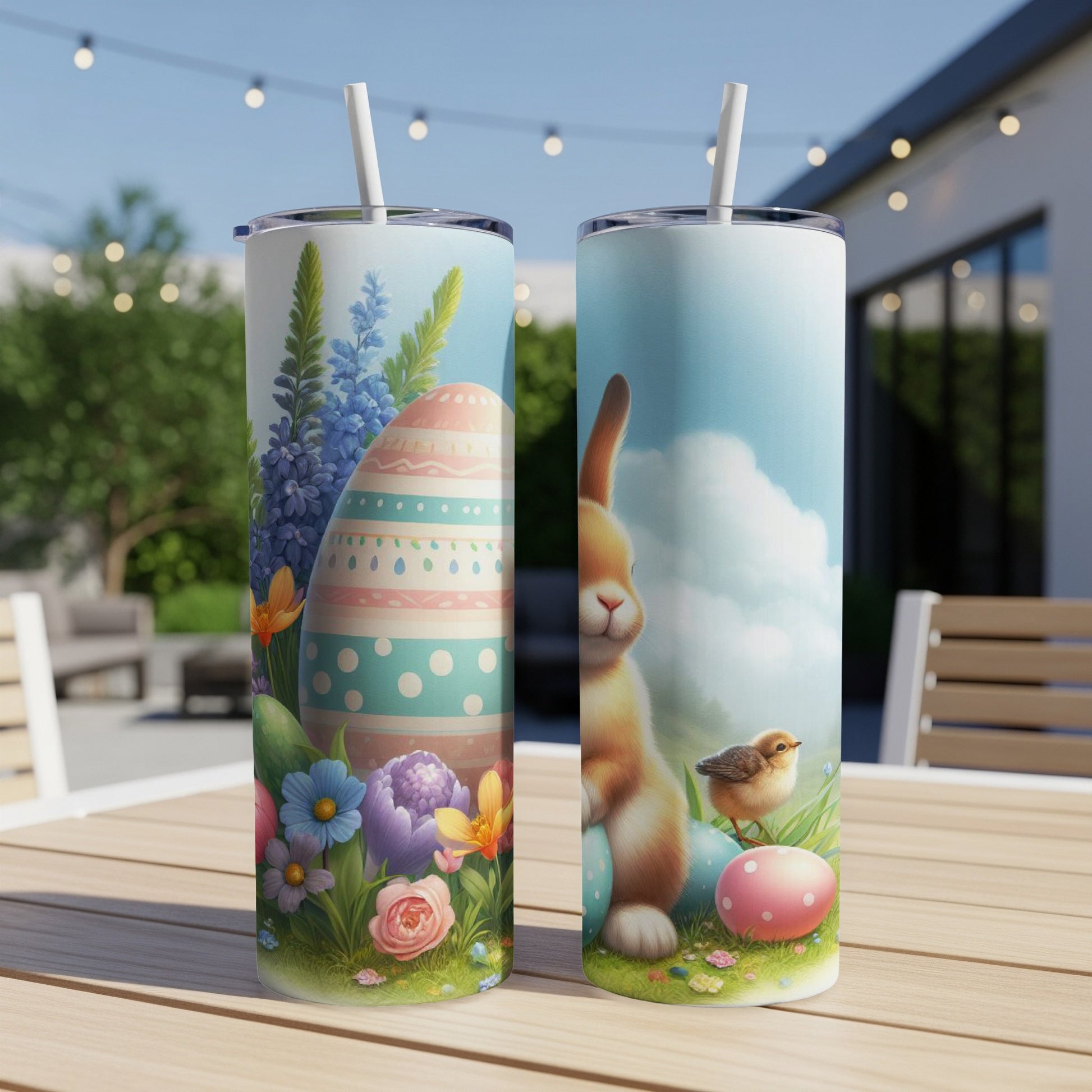 Easter bunny and chick on colorful tumblers with spring flowers and eggs.