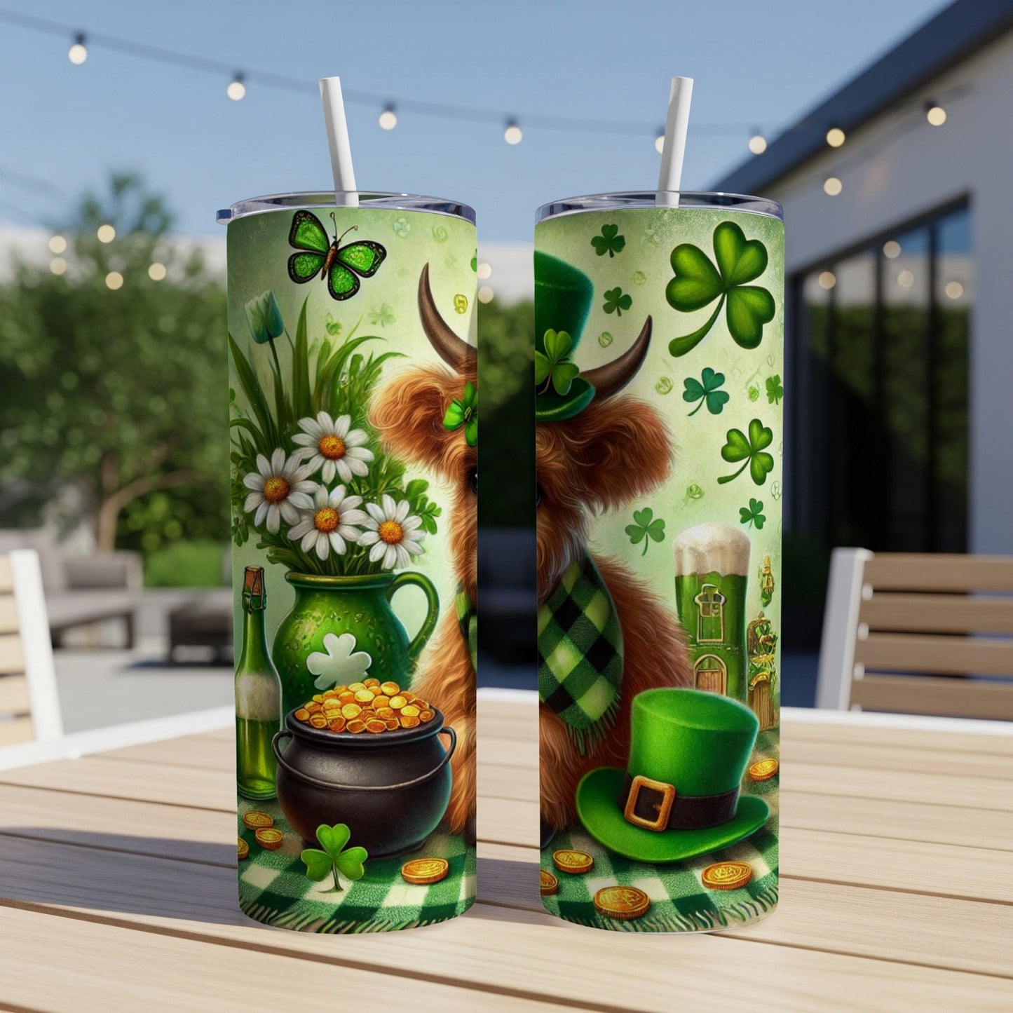 St. Patrick's Day themed tumblers with Highland cow and shamrocks.