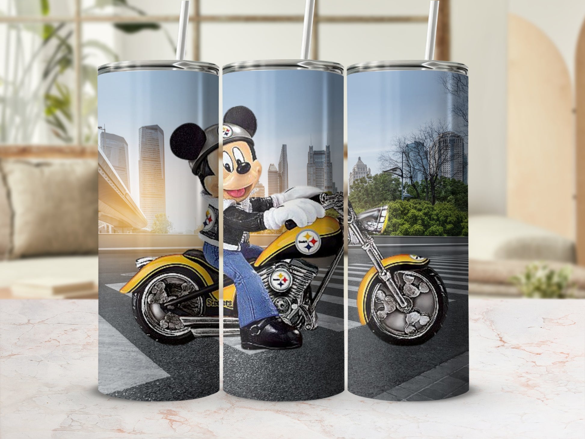 Mickey Mouse Motorcycle Design Tumbler with Urban Background