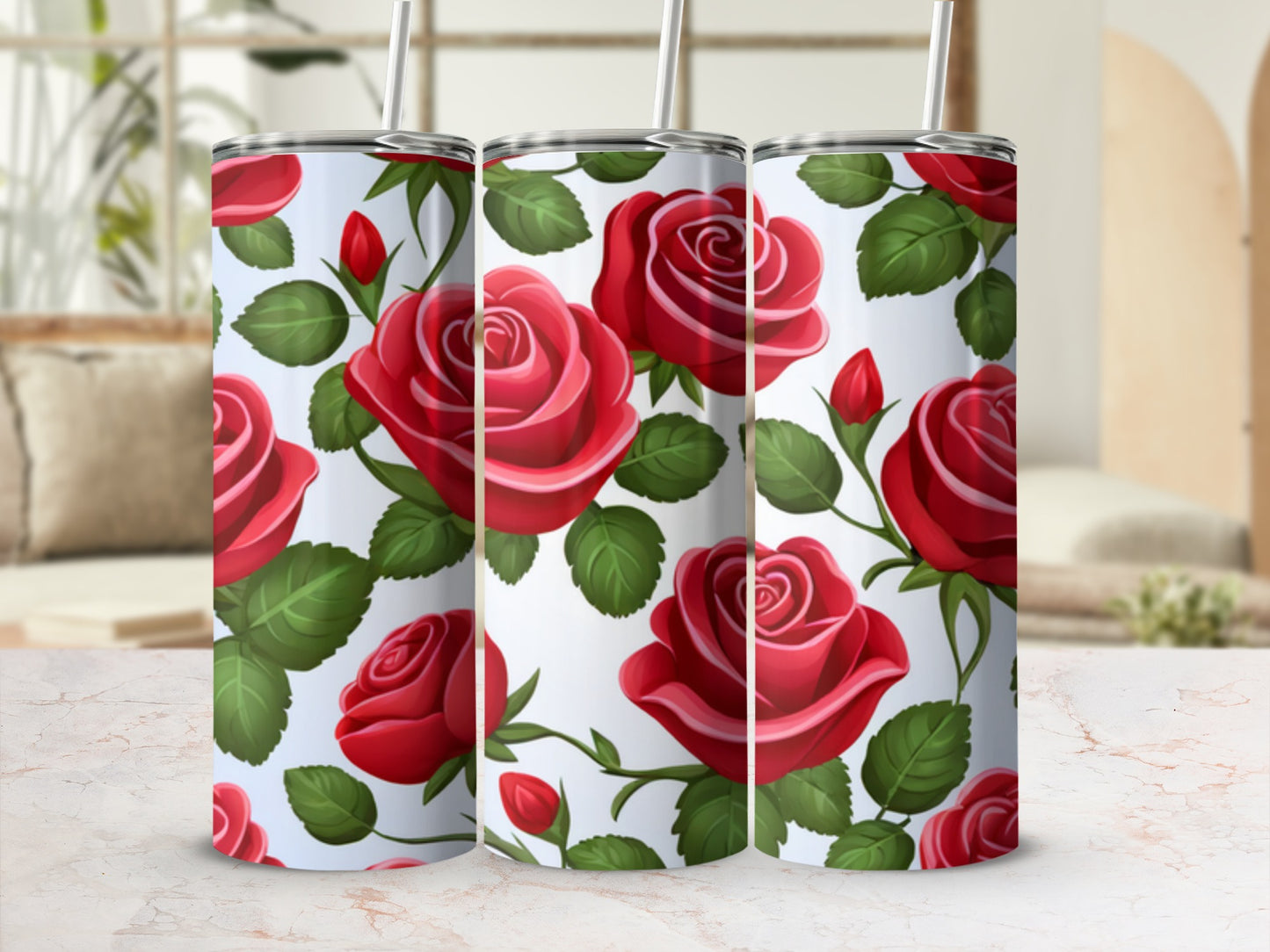 Three tumblers featuring a repeating pattern of red roses and green leaves.