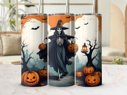 Three tumblers with a Halloween grim reaper and pumpkin design.