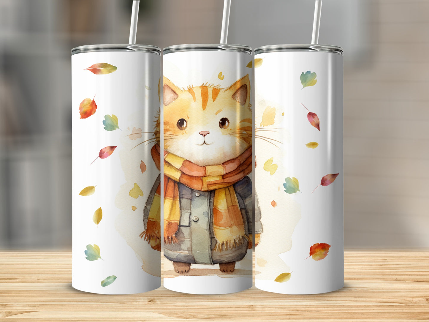 Cute orange tabby cat wearing a scarf and coat, with autumn leaves.