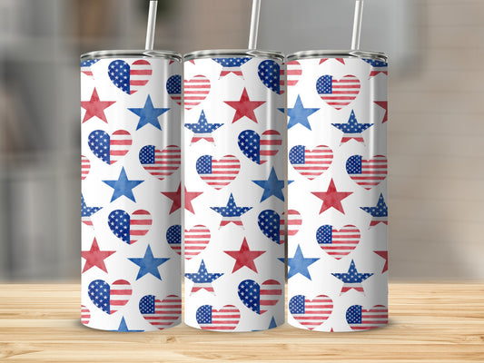 Three patriotic tumblers with American flag hearts and stars pattern.