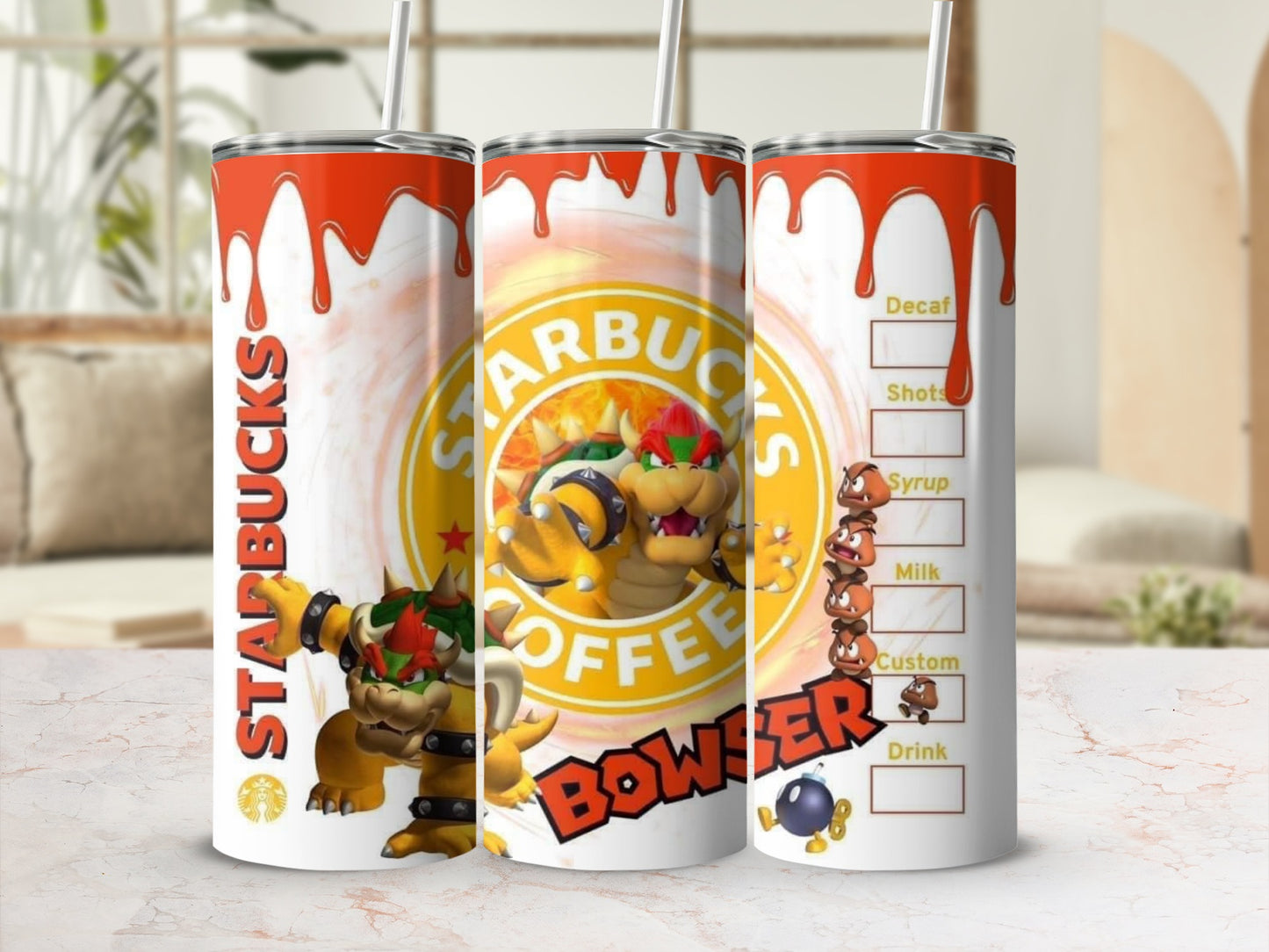 Starbucks Coffee Bowser themed tumbler with straw
