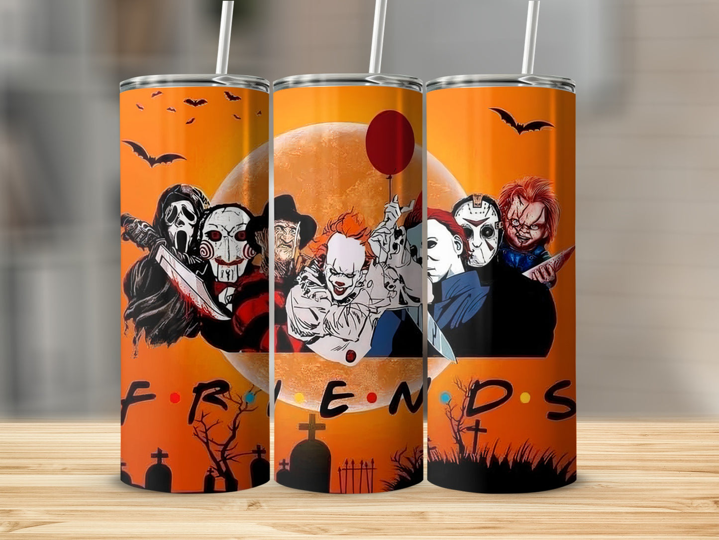 Horror characters with "FRIENDS" logo on tumblers with Halloween theme.