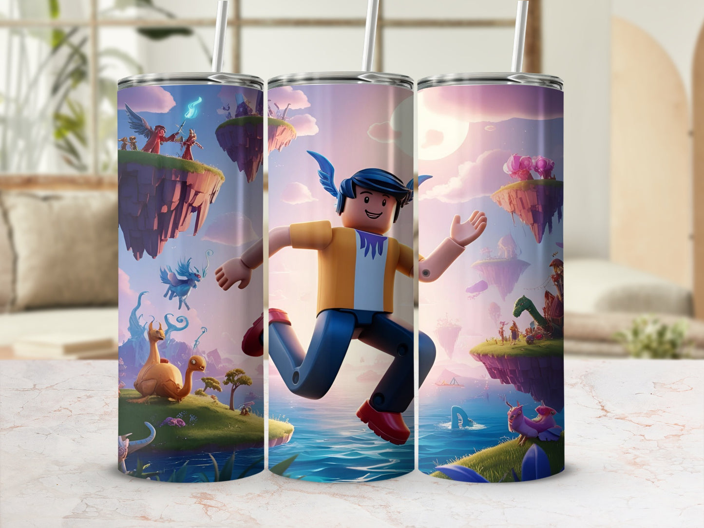 Roblox character running across floating islands with fantastical creatures.