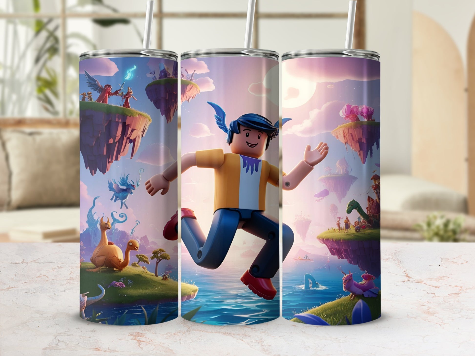 Roblox character running across floating islands with fantastical creatures.