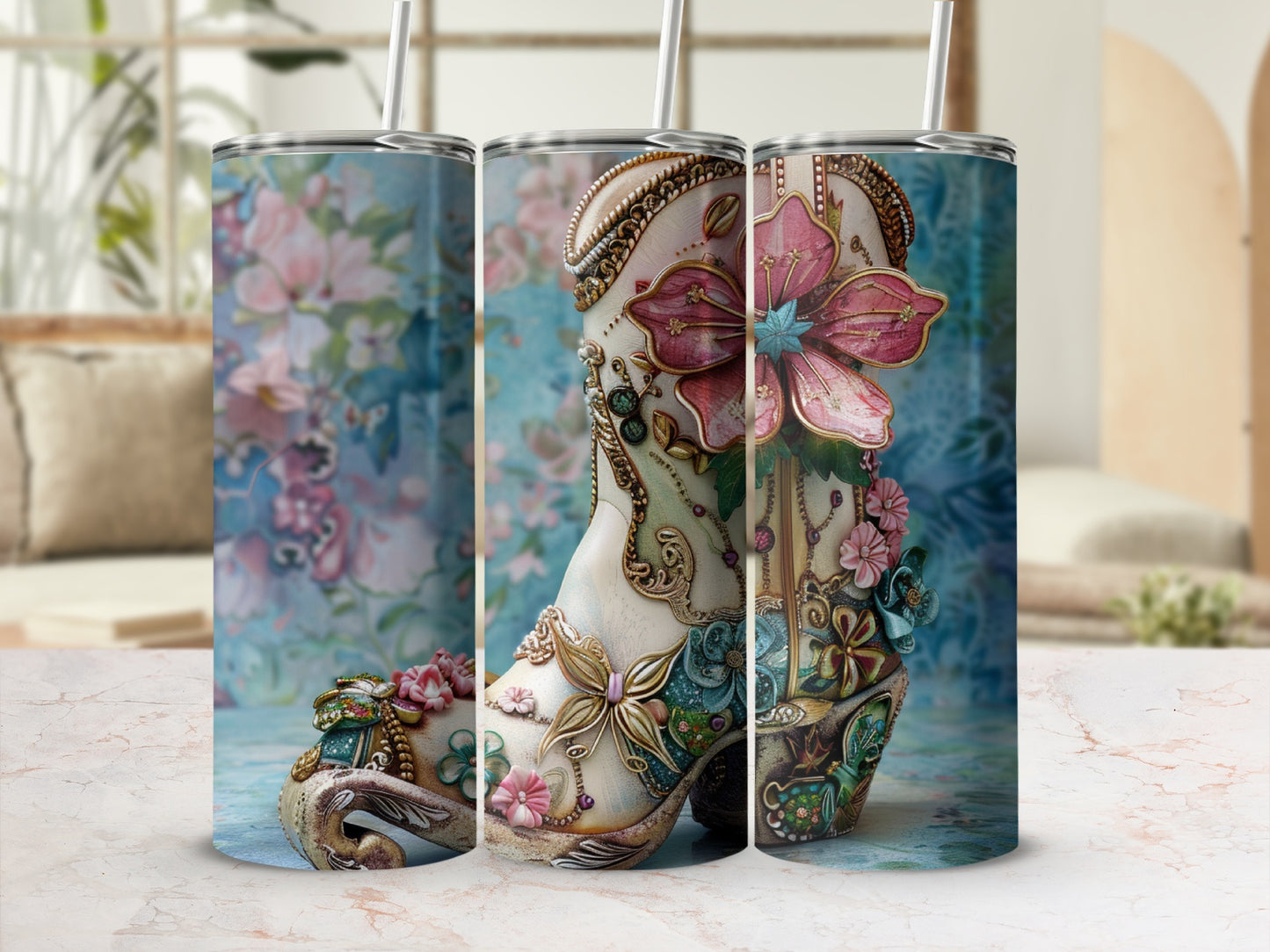 Detailed cowboy boot tumbler with floral embellishments and ornate design.