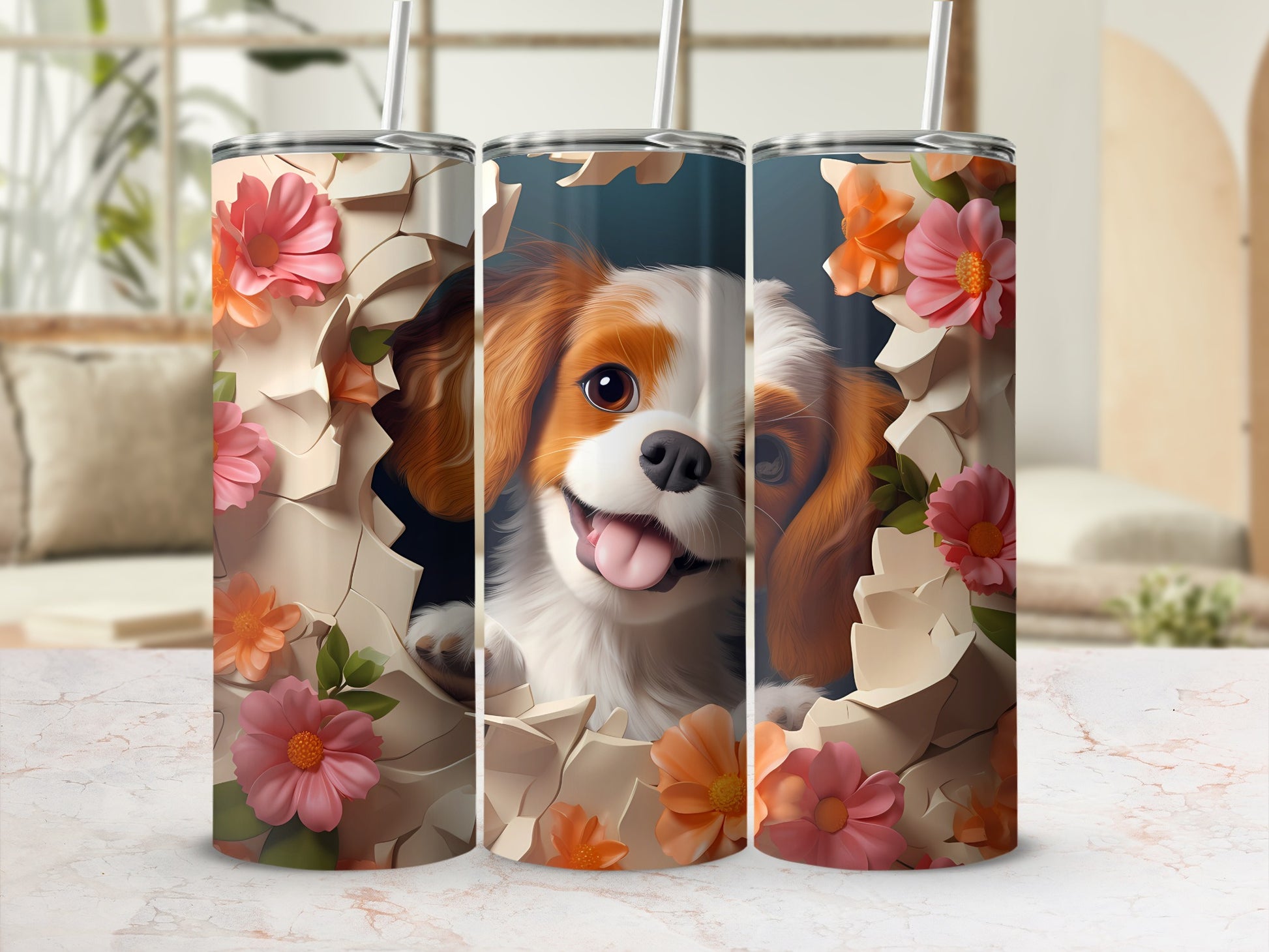 Adorable Puppy Cavalier Style Floral Background product type