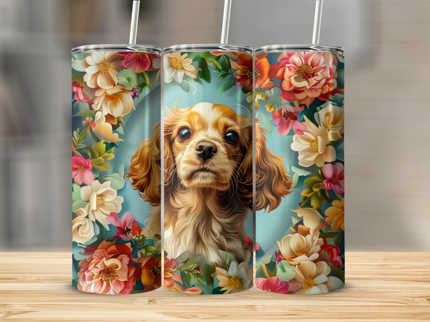 Dog portrait with floral frame on a skinny tumbler.