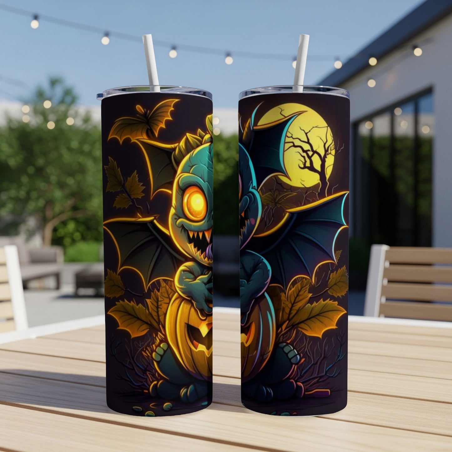 Two tumblers with a Halloween dragon and pumpkin design and straws.